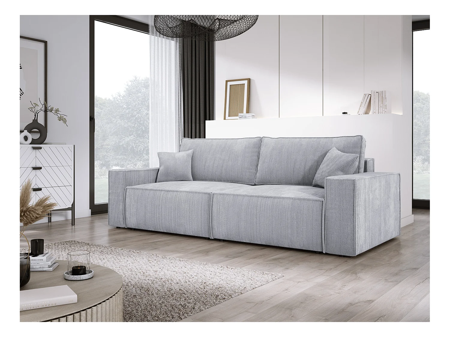 Hoekbank Kasjo met slaapfunctie, opbergruimte, zachte stof, flexibel, rechterkant, 245x90x83 cm, kleur: Licht eiken