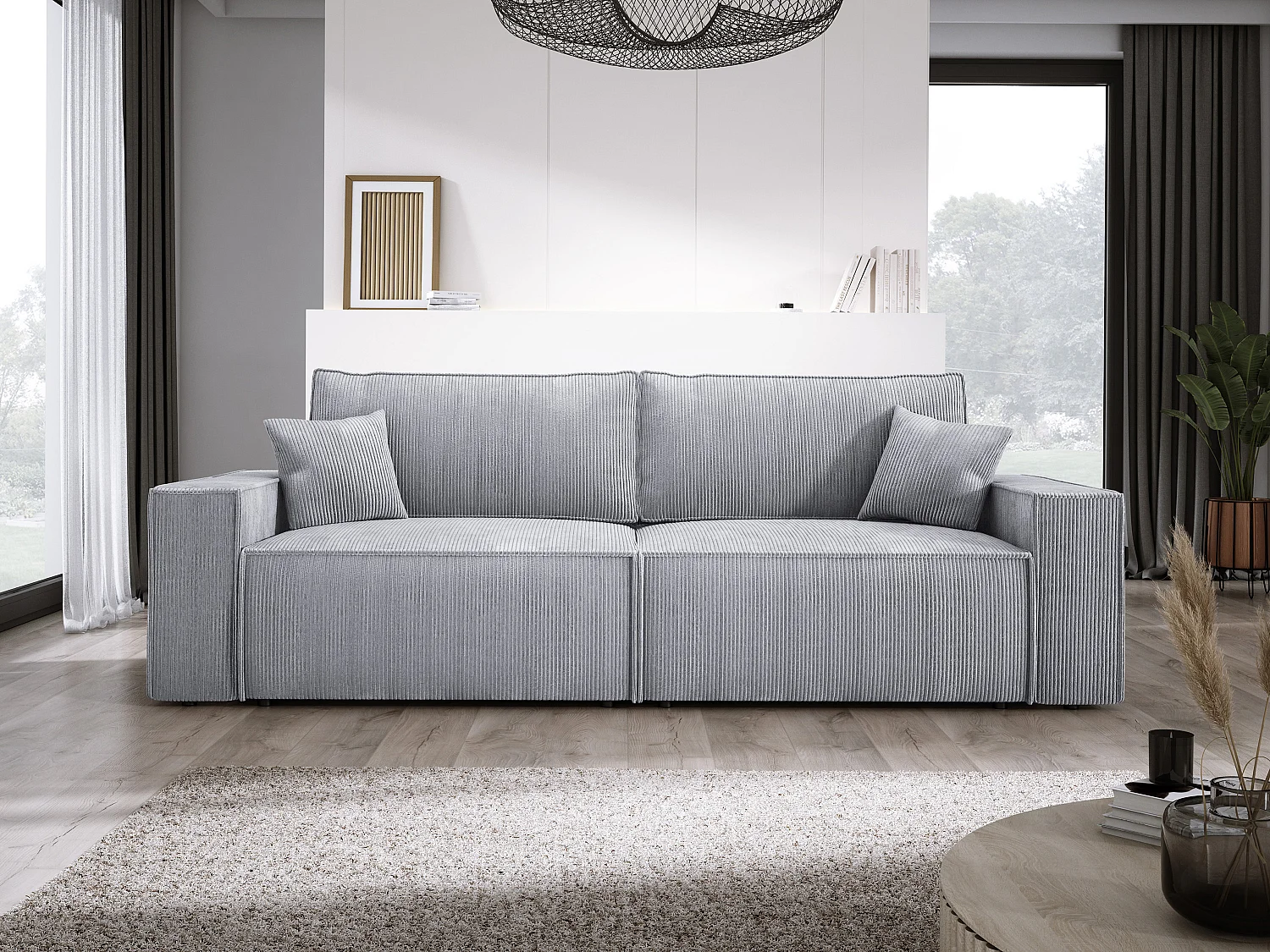 Canapé d'angle Kasjo avec fonction de couchage et coffre de rangement, tissu doux et élastique, côté droit, 245x90x83 cm, couleur : Chêne clair