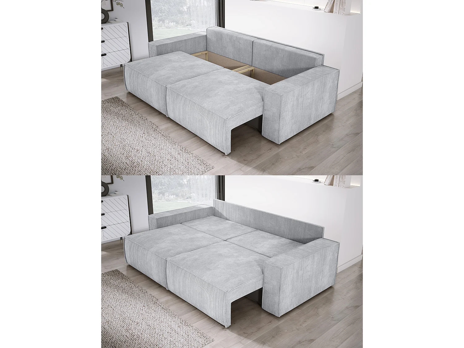 Canapé d'angle Kasjo avec fonction de couchage et coffre de rangement, tissu doux et élastique, côté droit, 245x90x83 cm, couleur : Chêne clair