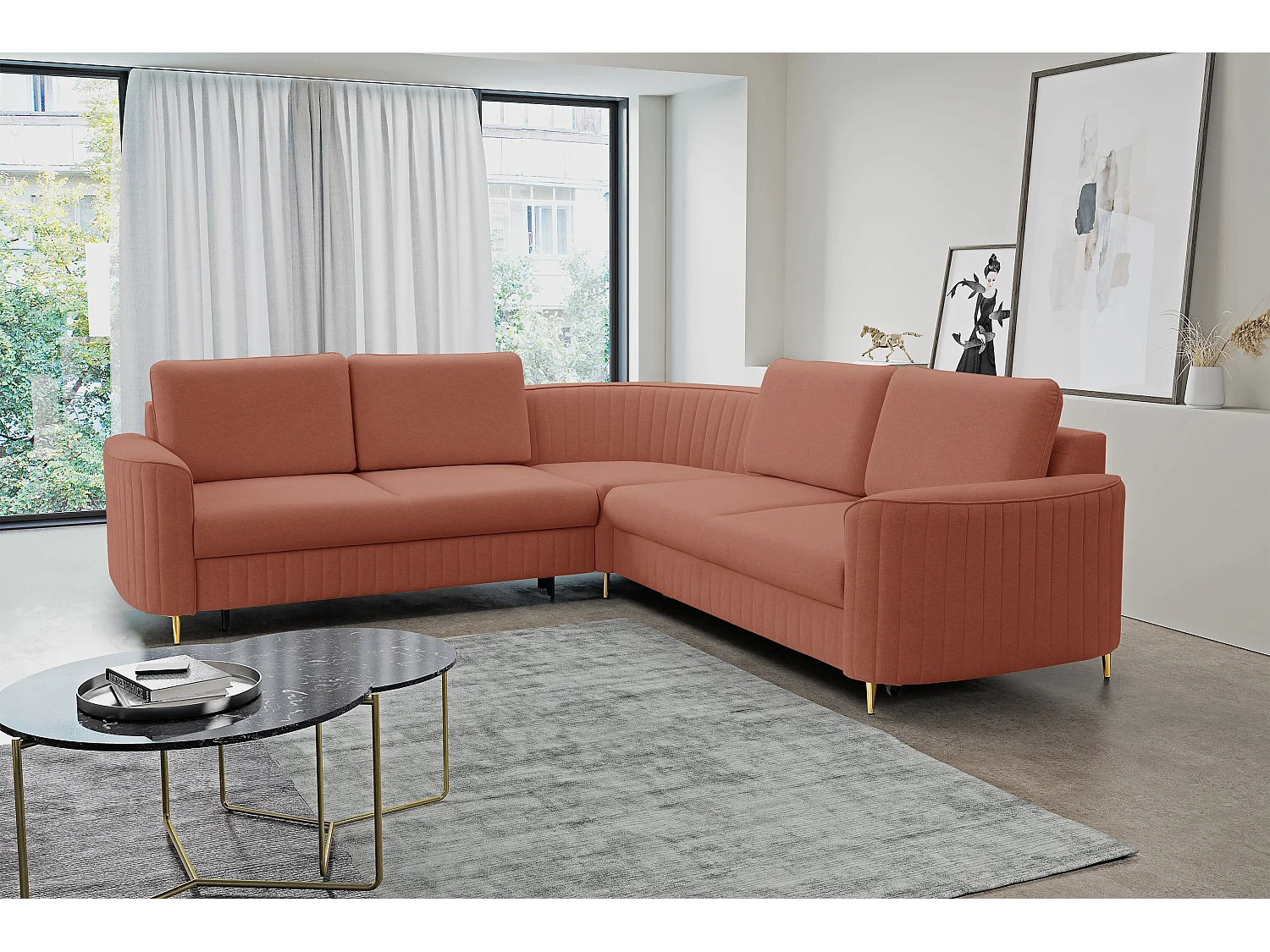 Canapé d'angle LAREN convertible, coffre de rangement, pieds en plastique, côté droit, ROSE POUDRÉ, 251x251x85 cm