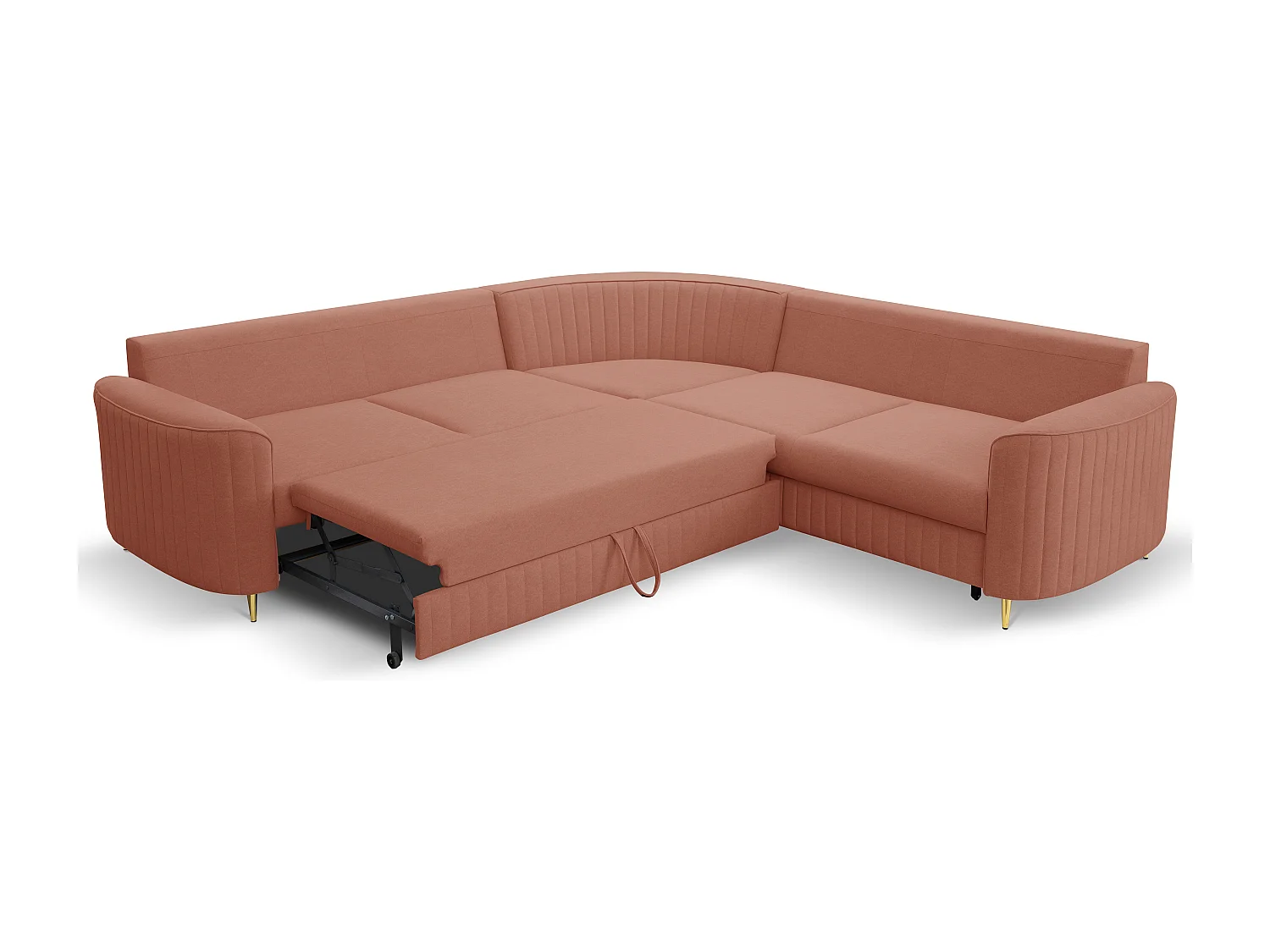 Canapé d'angle LAREN convertible, coffre de rangement, pieds en plastique, côté droit, ROSE POUDRÉ, 251x251x85 cm