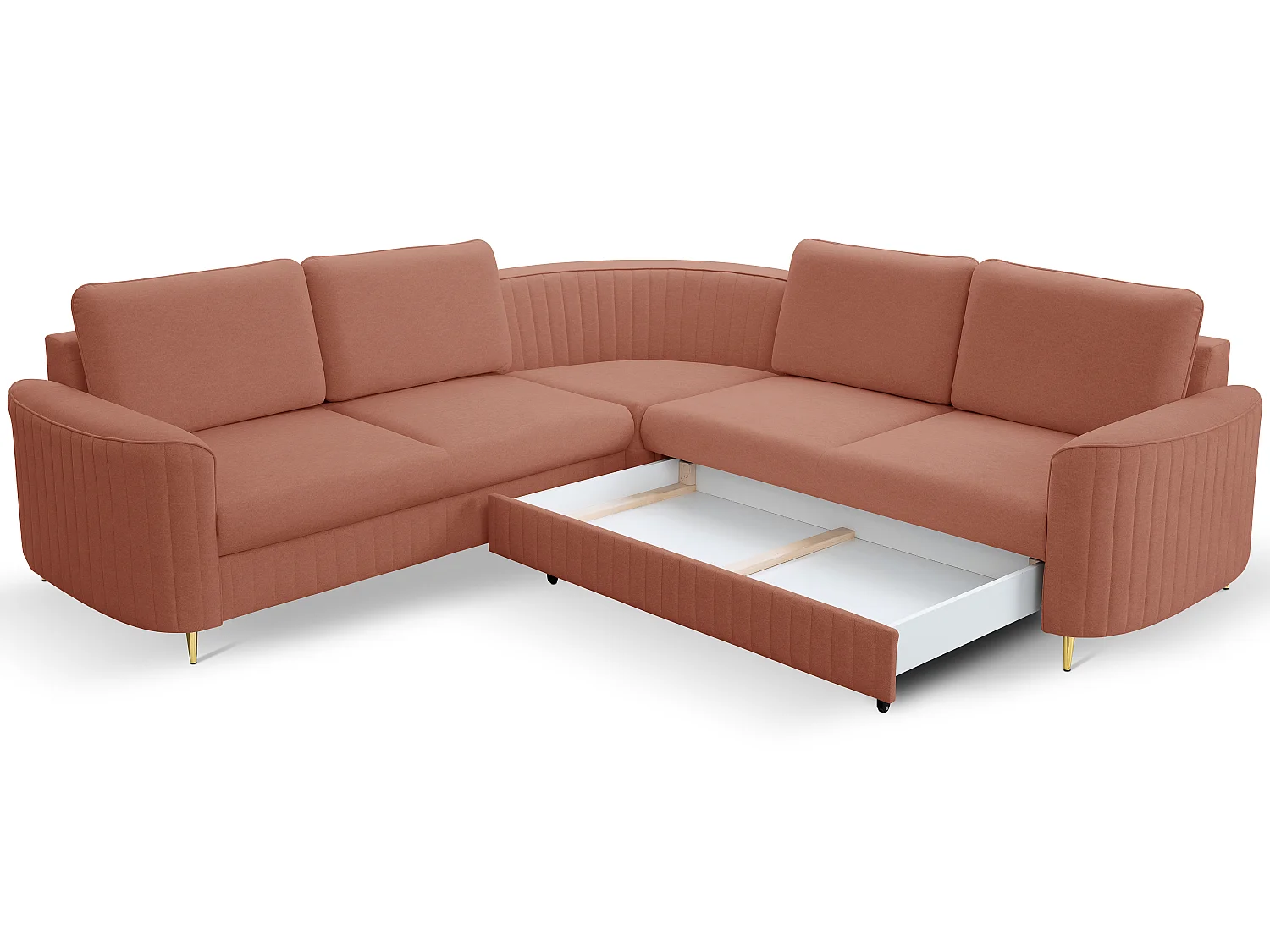Canapé d'angle LAREN convertible, coffre de rangement, pieds en plastique, côté droit, ROSE POUDRÉ, 251x251x85 cm