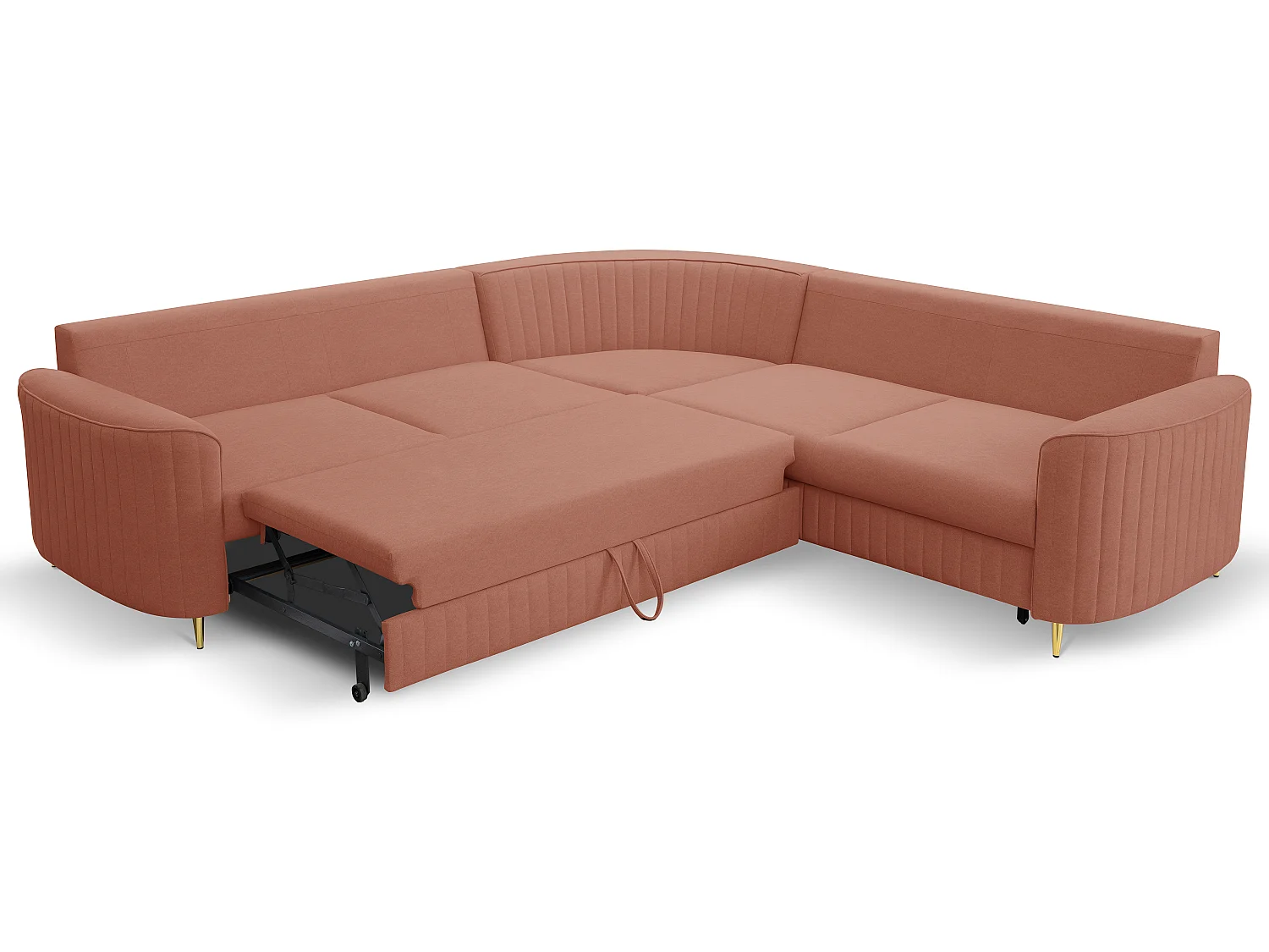 Canapé d'angle LAREN convertible, coffre de rangement, pieds en plastique, côté droit, ROSE POUDRÉ, 251x251x85 cm