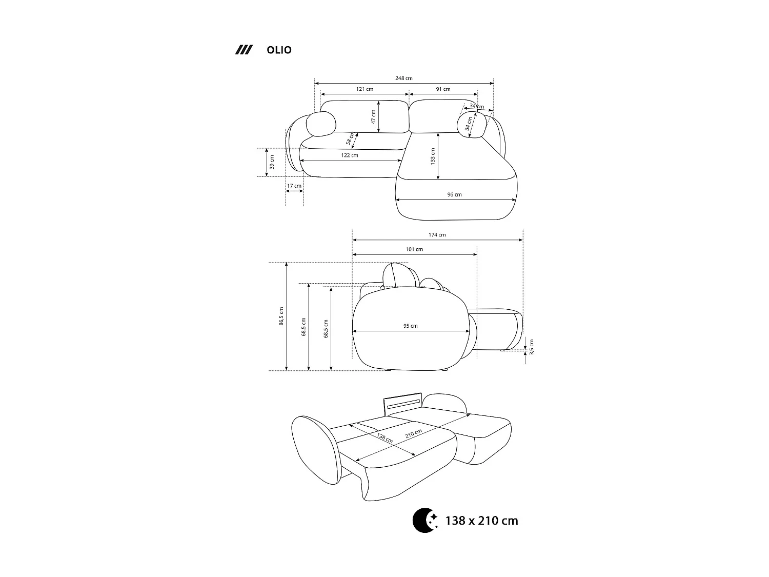 Canapé d'Angle OLIO L-Form avec Lit 138x210cm Coffre et Coussins Amovibles – Droite 248x174x86cm CAPPUCCINO