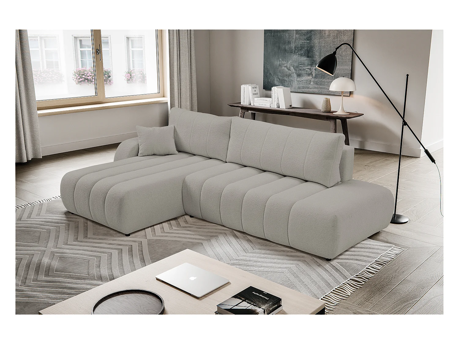 Canapé avec fonction lit et coffre de rangement, rembourrage confortable, tissu, coussins décoratifs, côté gauche, 276x88x176 cm, gris clair