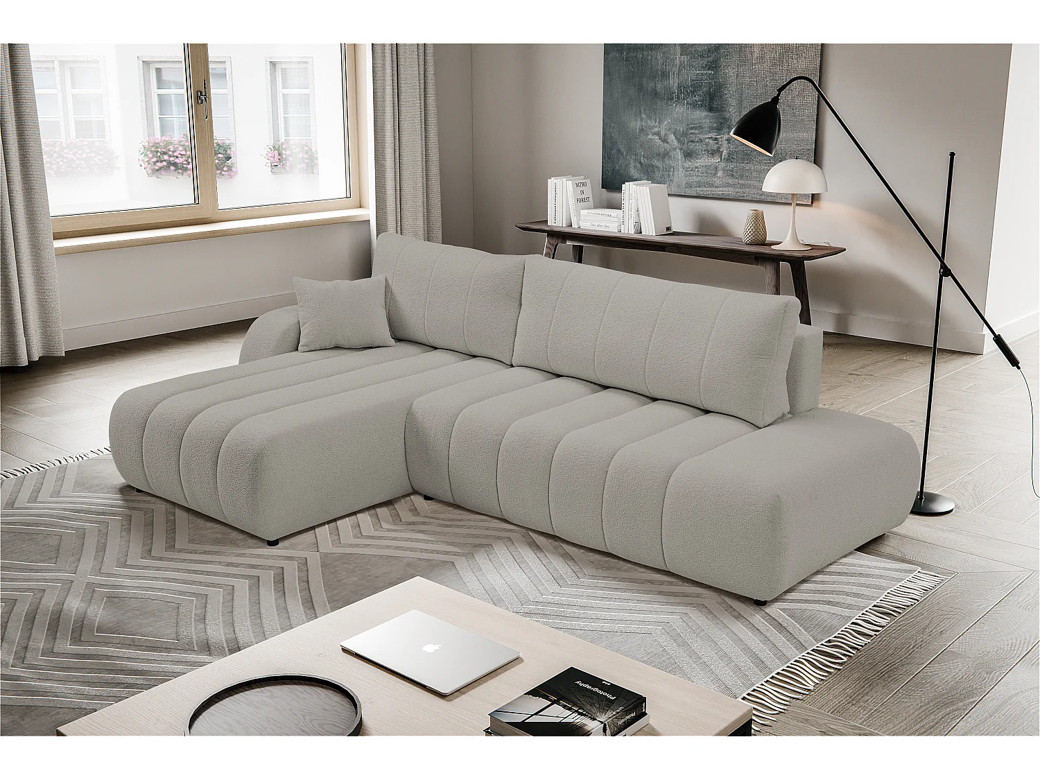 Canapé avec fonction lit et coffre de rangement, rembourrage confortable, tissu, coussins décoratifs, côté gauche, 276x88x176 cm, gris clair