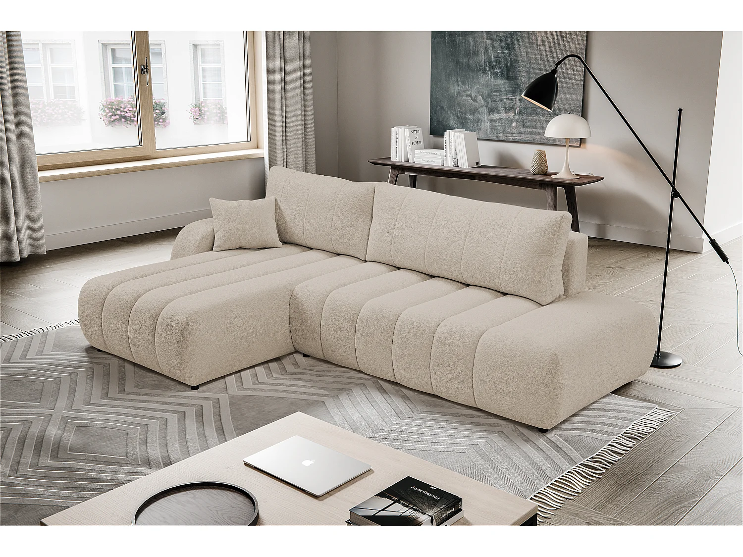 Canapé avec fonction lit et coffre de rangement, rembourrage confortable, tissu, coussins décoratifs, côté gauche, 276x88x176 cm, beige