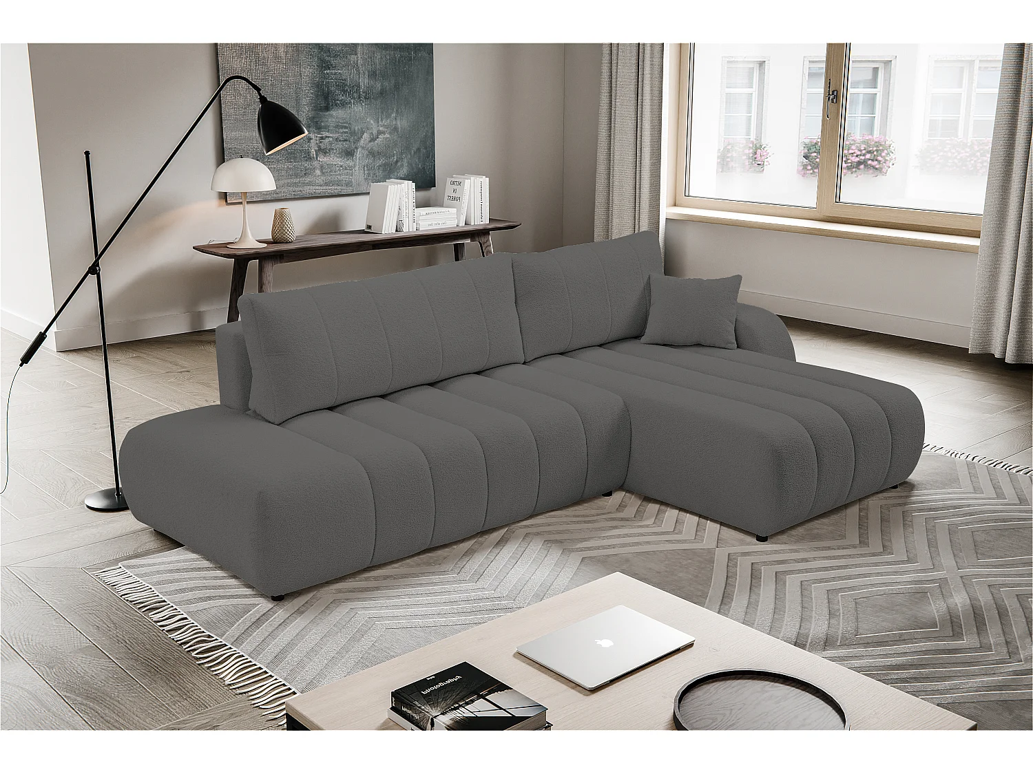 Couch mit Schlaffunktion und Bettkasten, komfortable Polsterung, Stoffbezug, Dekokissen, rechts, 276x88x176 cm, dunkelgrau