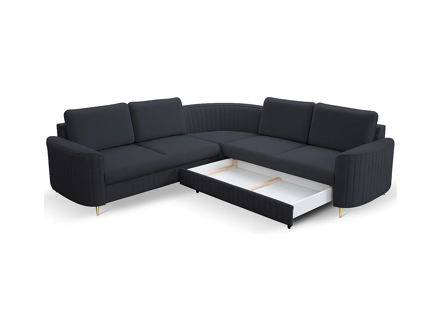 Canapé d'angle LAREN convertible, coffre de rangement, pieds en plastique, côté droit, BLEU MARINE, 251x251x85 cm