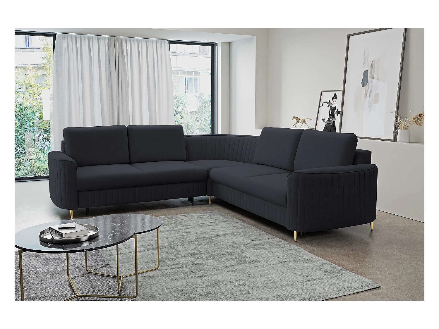 Canapé d'angle LAREN convertible, coffre de rangement, pieds en plastique, côté droit, BLEU MARINE, 251x251x85 cm