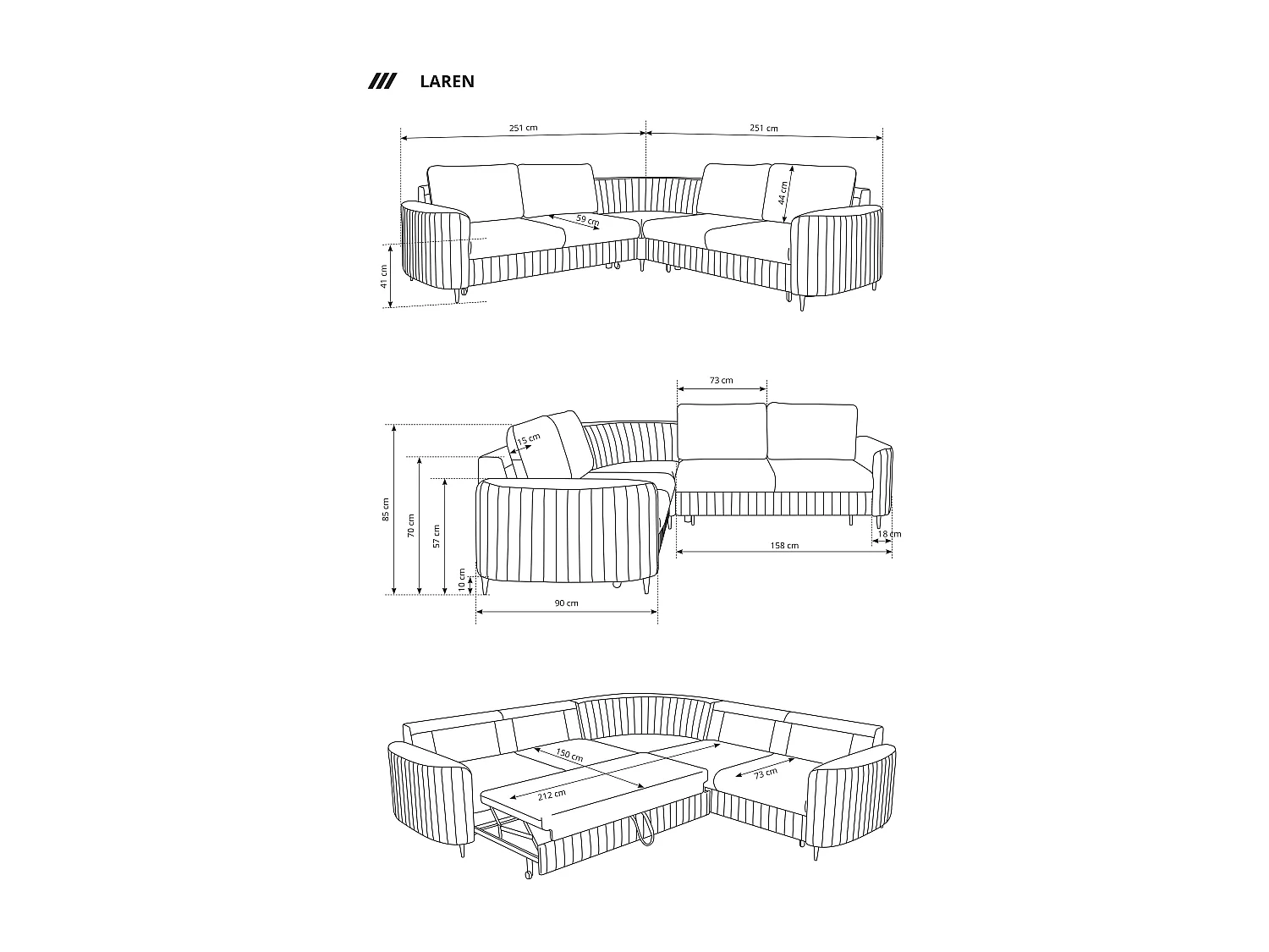 Canapé d'angle LAREN convertible, coffre de rangement, pieds en plastique, côté droit, BLEU MARINE, 251x251x85 cm