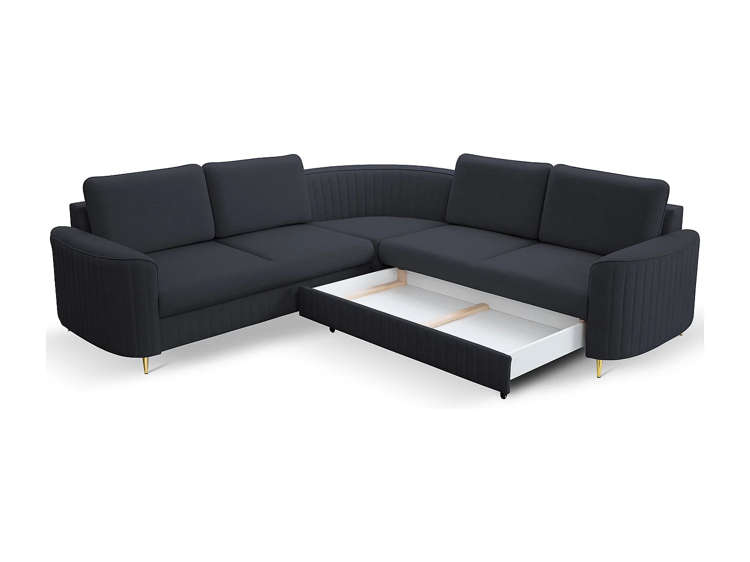 Canapé d'angle LAREN convertible, coffre de rangement, pieds en plastique, côté droit, BLEU MARINE, 251x251x85 cm