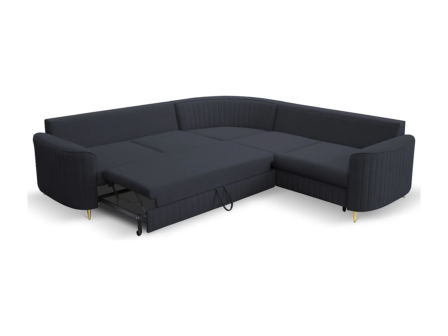 Canapé d'angle LAREN convertible, coffre de rangement, pieds en plastique, côté droit, BLEU MARINE, 251x251x85 cm