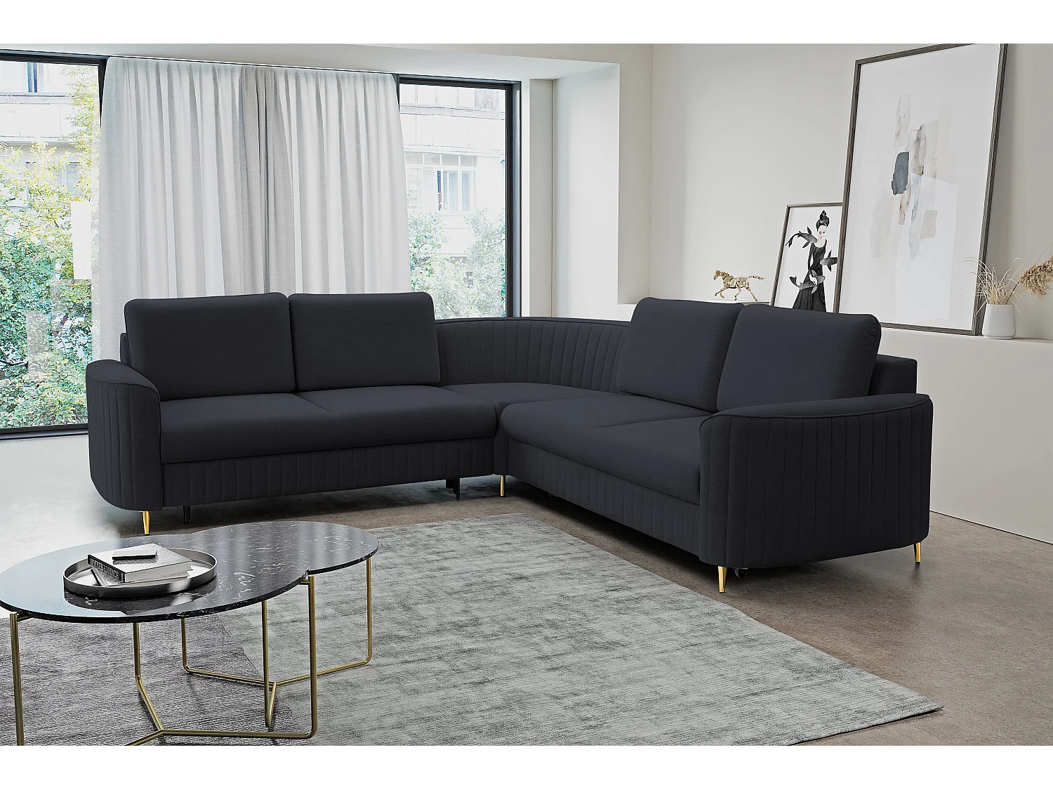 Narożnik LAREN nowoczesna sofa z funkcją spania, pojemnik na pościel, plastikowe nogi, prawa strona, GRANATOWY, 251x251x85 cm