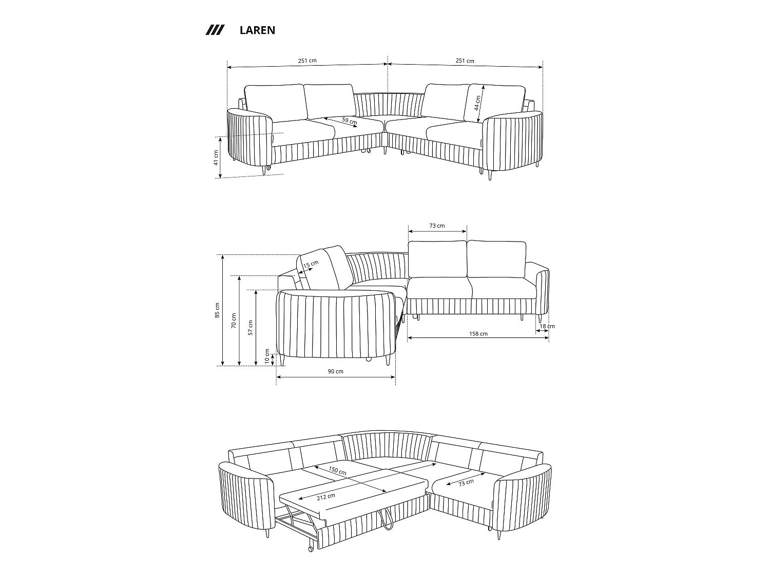 Narożnik LAREN nowoczesna sofa z funkcją spania, pojemnik na pościel, plastikowe nogi, prawa strona, GRANATOWY, 251x251x85 cm