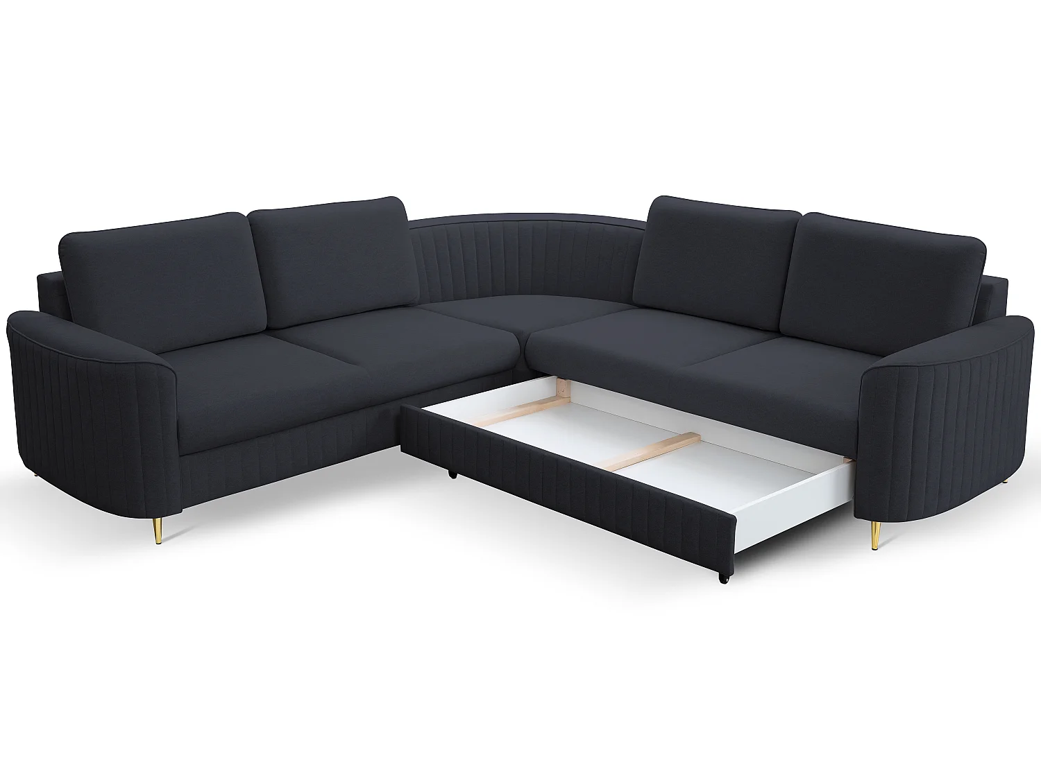 Narożnik LAREN nowoczesna sofa z funkcją spania, pojemnik na pościel, plastikowe nogi, prawa strona, GRANATOWY, 251x251x85 cm