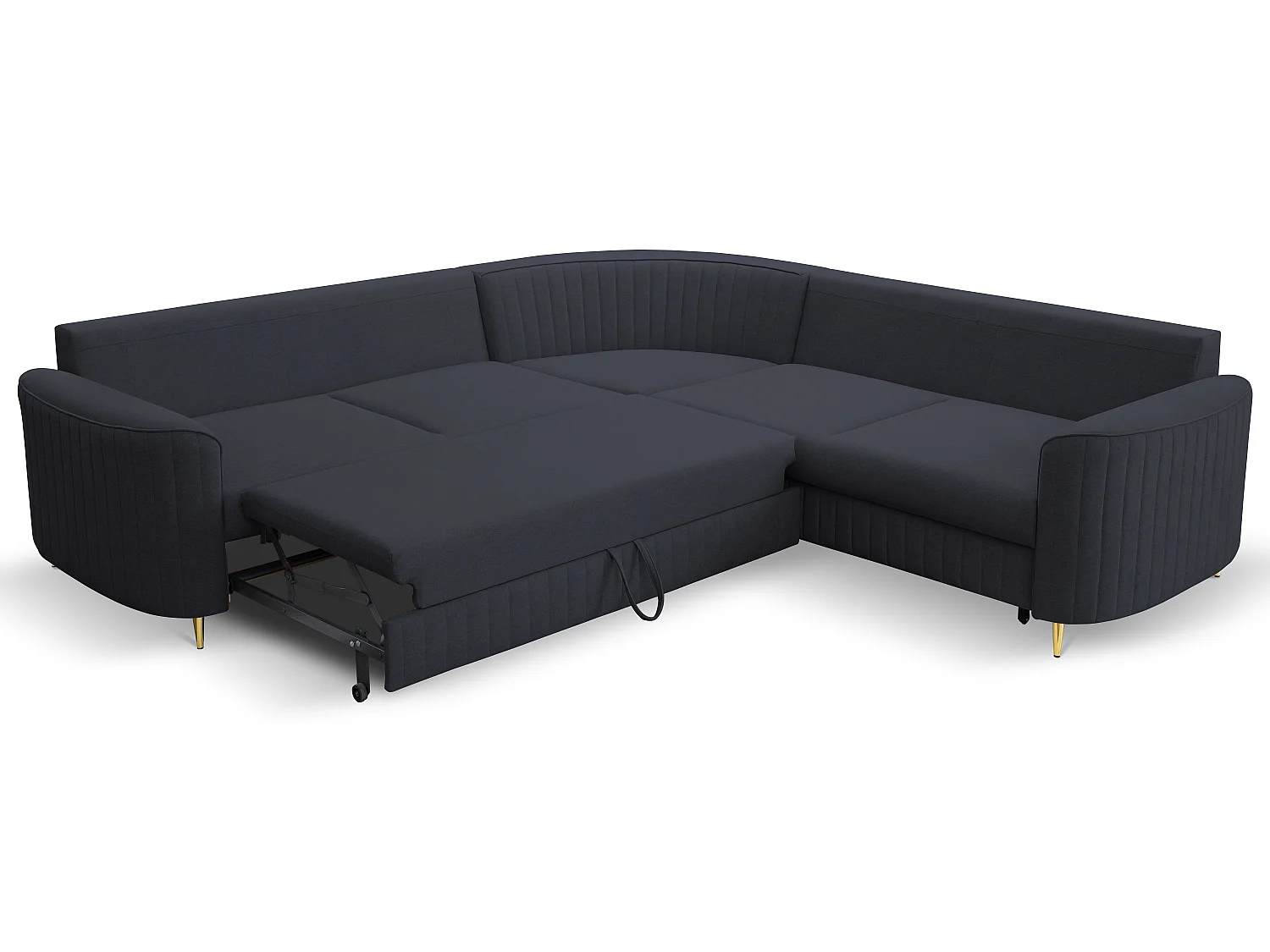 Narożnik LAREN nowoczesna sofa z funkcją spania, pojemnik na pościel, plastikowe nogi, prawa strona, GRANATOWY, 251x251x85 cm