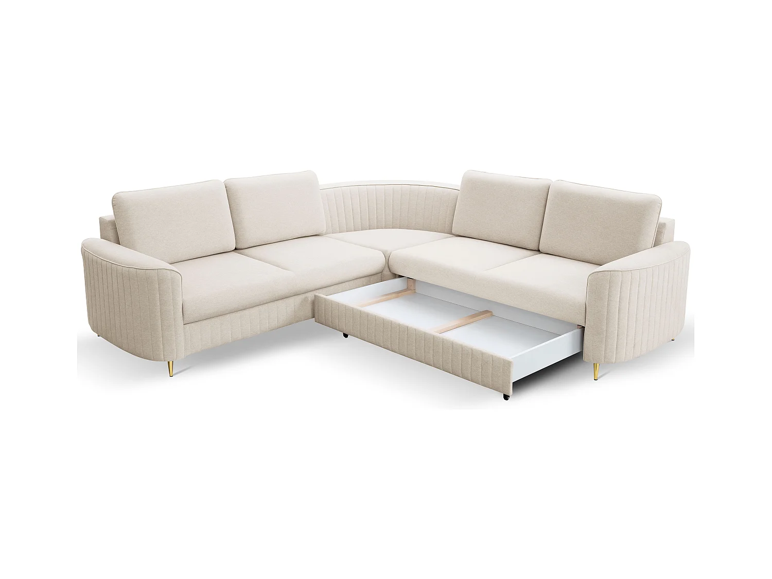 Canapé d'angle LAREN convertible, coffre de rangement, pieds en plastique, côté droit, CREMAL, 251x251x85 cm