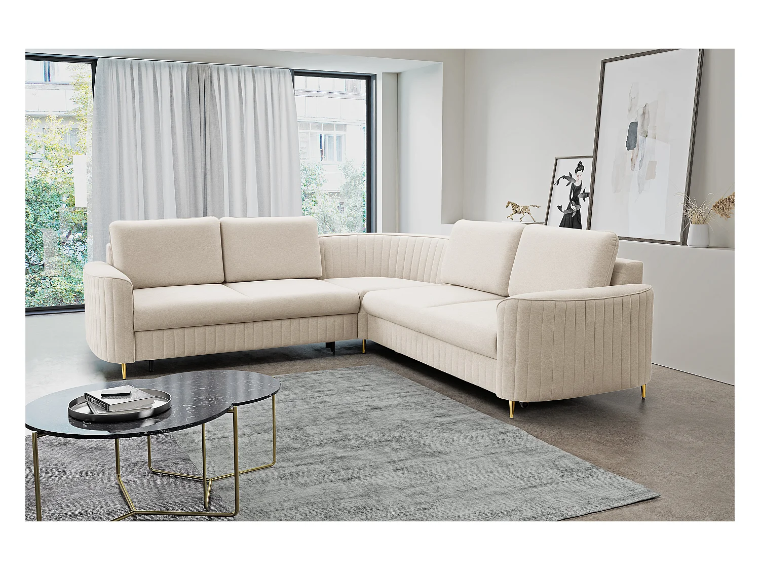 Canapé d'angle LAREN convertible, coffre de rangement, pieds en plastique, côté droit, CREMAL, 251x251x85 cm