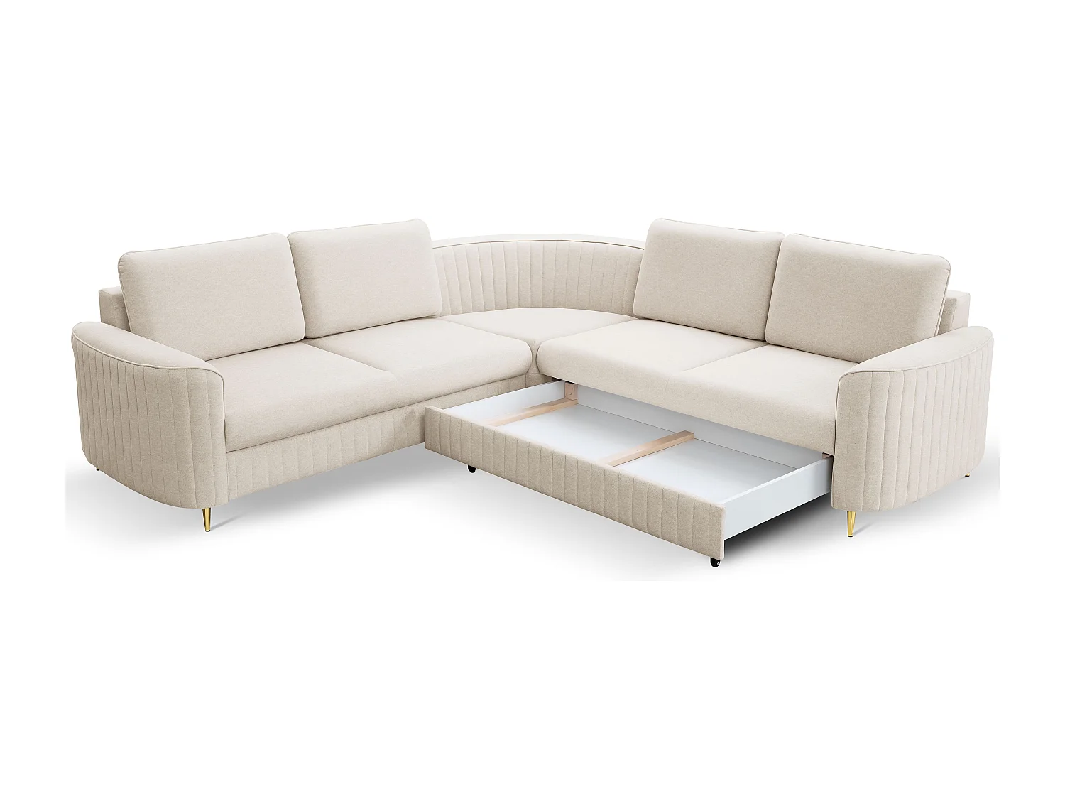 Canapé d'angle LAREN convertible, coffre de rangement, pieds en plastique, côté droit, CREMAL, 251x251x85 cm