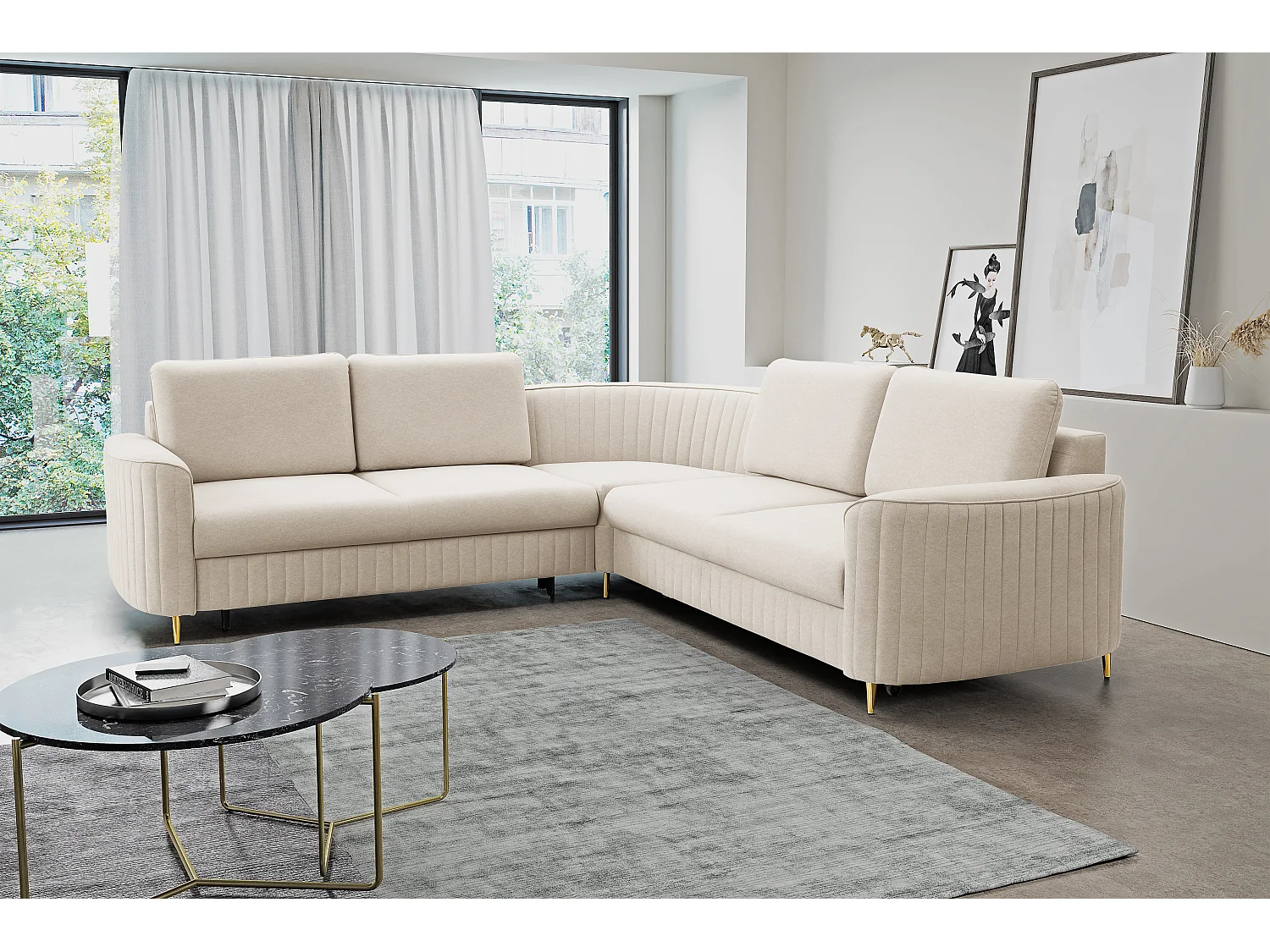 Narożnik LAREN nowoczesna sofa z funkcją spania, pojemnik na pościel, plastikowe nogi, prawa strona, CREMAL, 251x251x85 cm