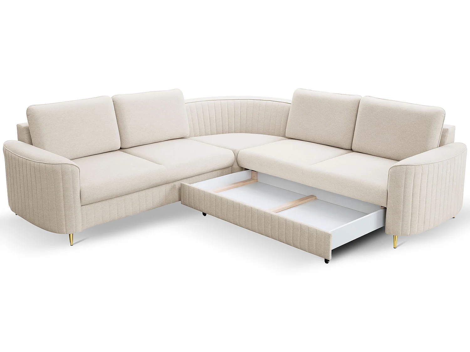 Narożnik LAREN nowoczesna sofa z funkcją spania, pojemnik na pościel, plastikowe nogi, prawa strona, CREMAL, 251x251x85 cm