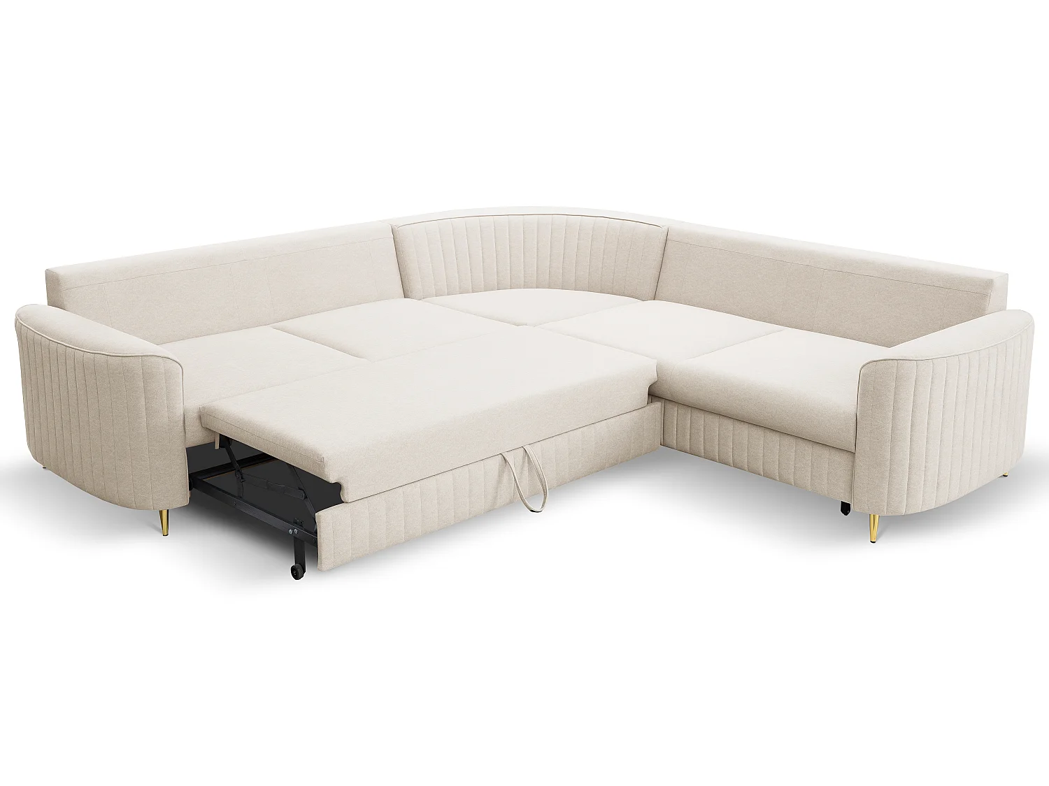 Narożnik LAREN nowoczesna sofa z funkcją spania, pojemnik na pościel, plastikowe nogi, prawa strona, CREMAL, 251x251x85 cm