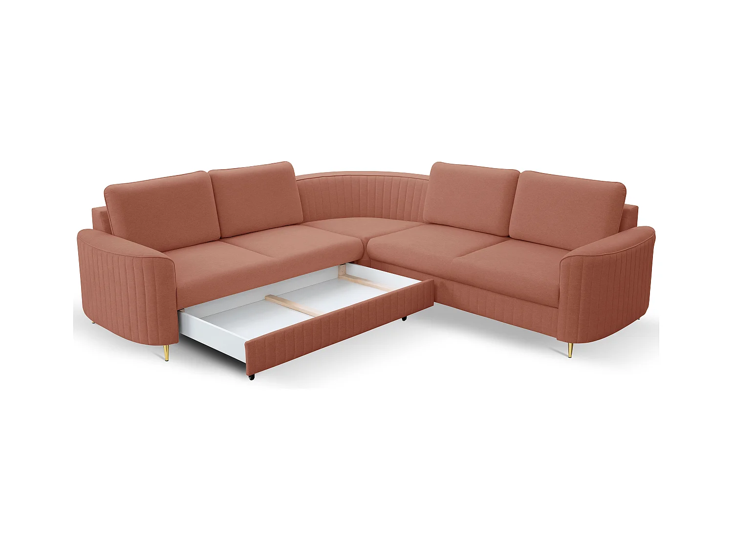 Canapé d'angle LAREN convertible, coffre de rangement, pieds en plastique, côté gauche, ROSE POUDRÉ, 251x251x85 cm