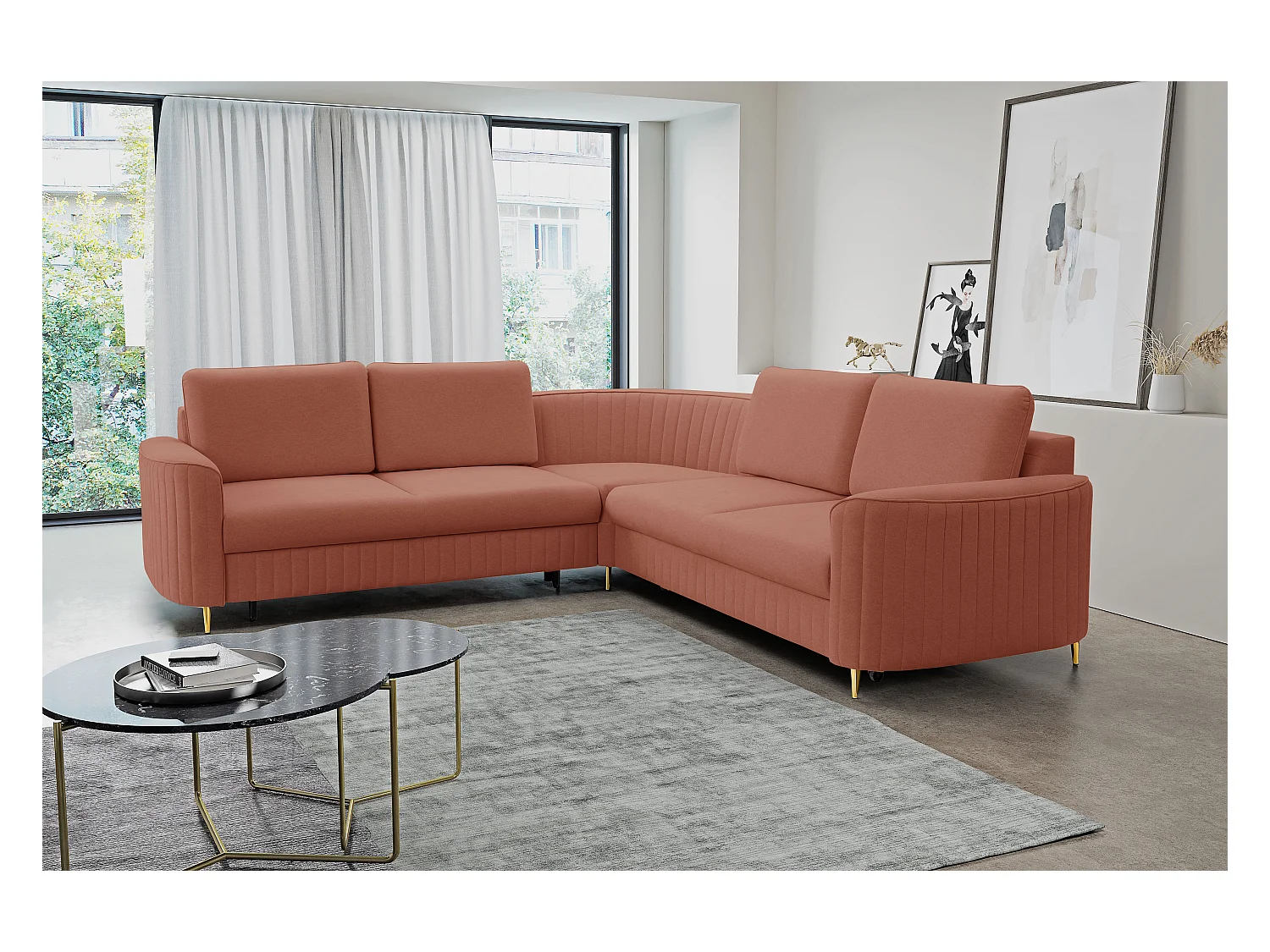 Canapé d'angle LAREN convertible, coffre de rangement, pieds en plastique, côté gauche, ROSE POUDRÉ, 251x251x85 cm