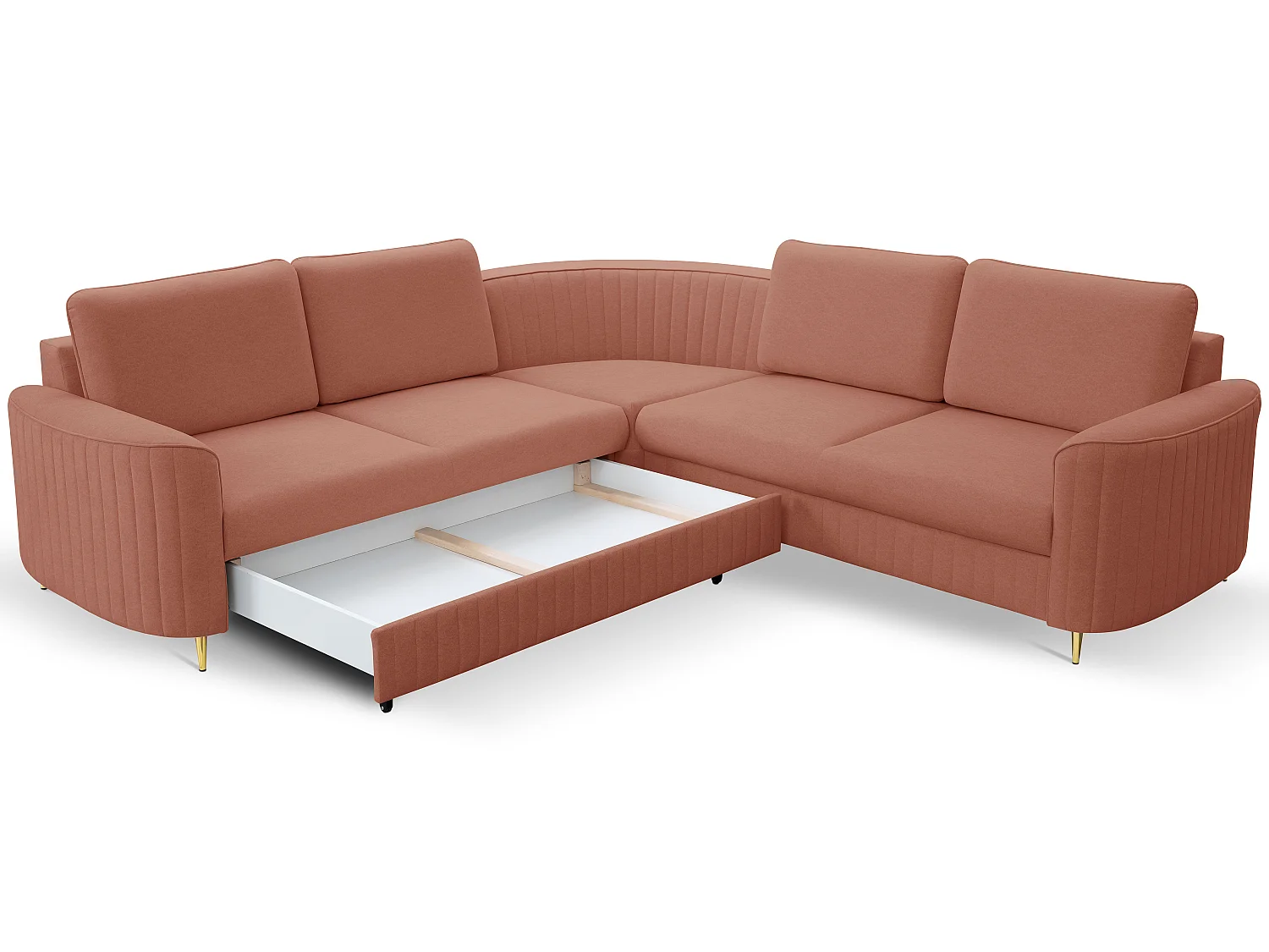 Canapé d'angle LAREN convertible, coffre de rangement, pieds en plastique, côté gauche, ROSE POUDRÉ, 251x251x85 cm