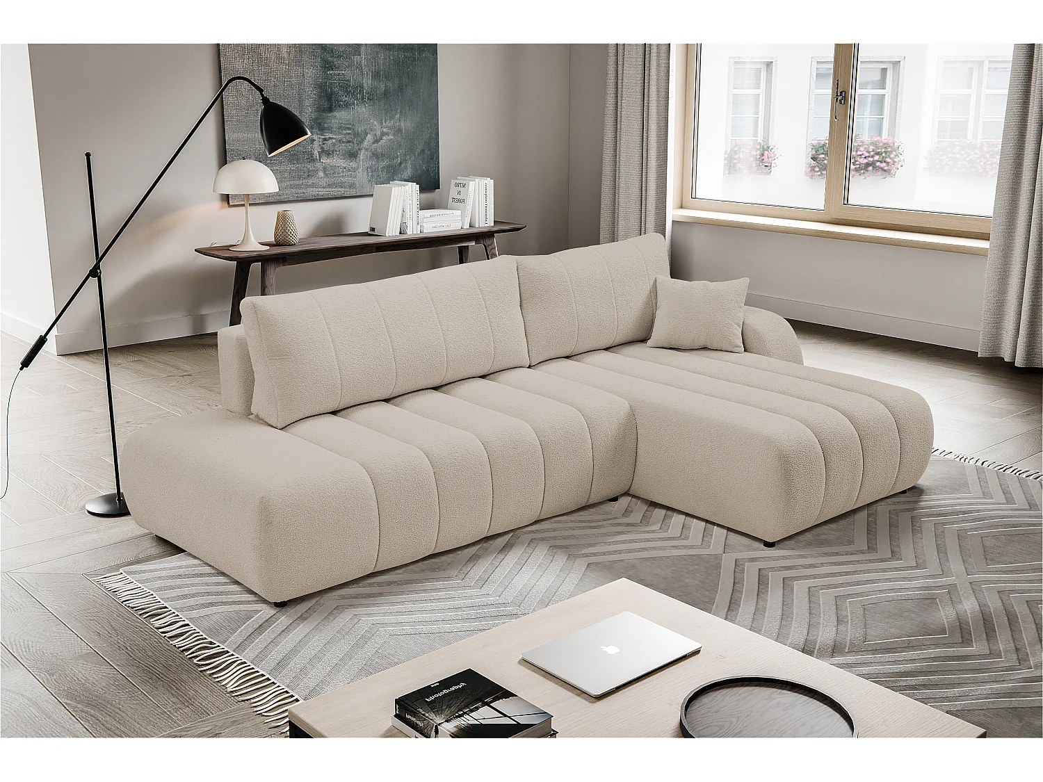 Couch mit Schlaffunktion und Bettkasten, komfortable Polsterung, Stoffbezug, Dekokissen, rechts, 276x88x176 cm, beige