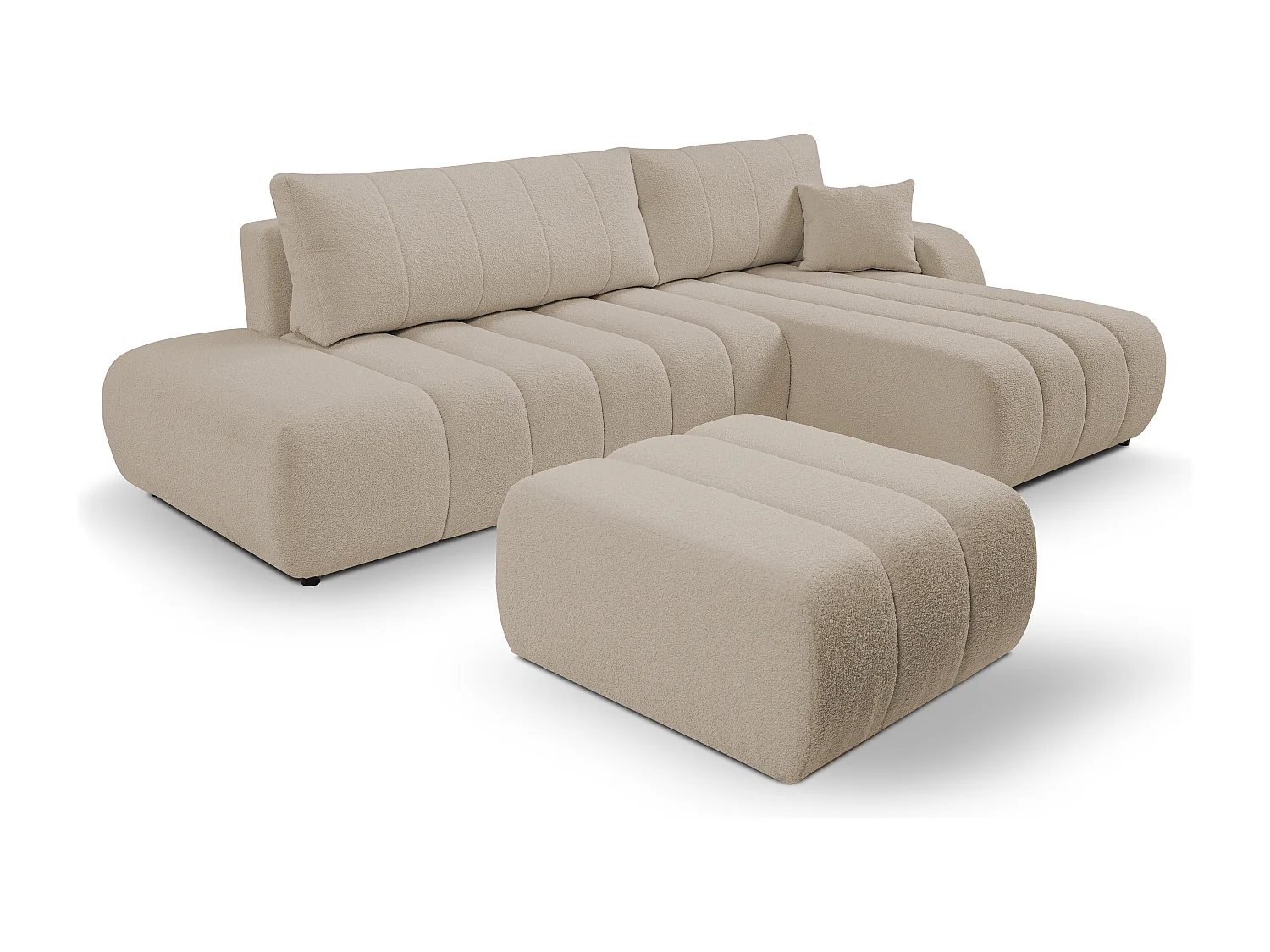 Canapé avec fonction lit et coffre de rangement, rembourrage confortable, tissu, coussins décoratifs, côté droit, 276x88x176 cm, beige