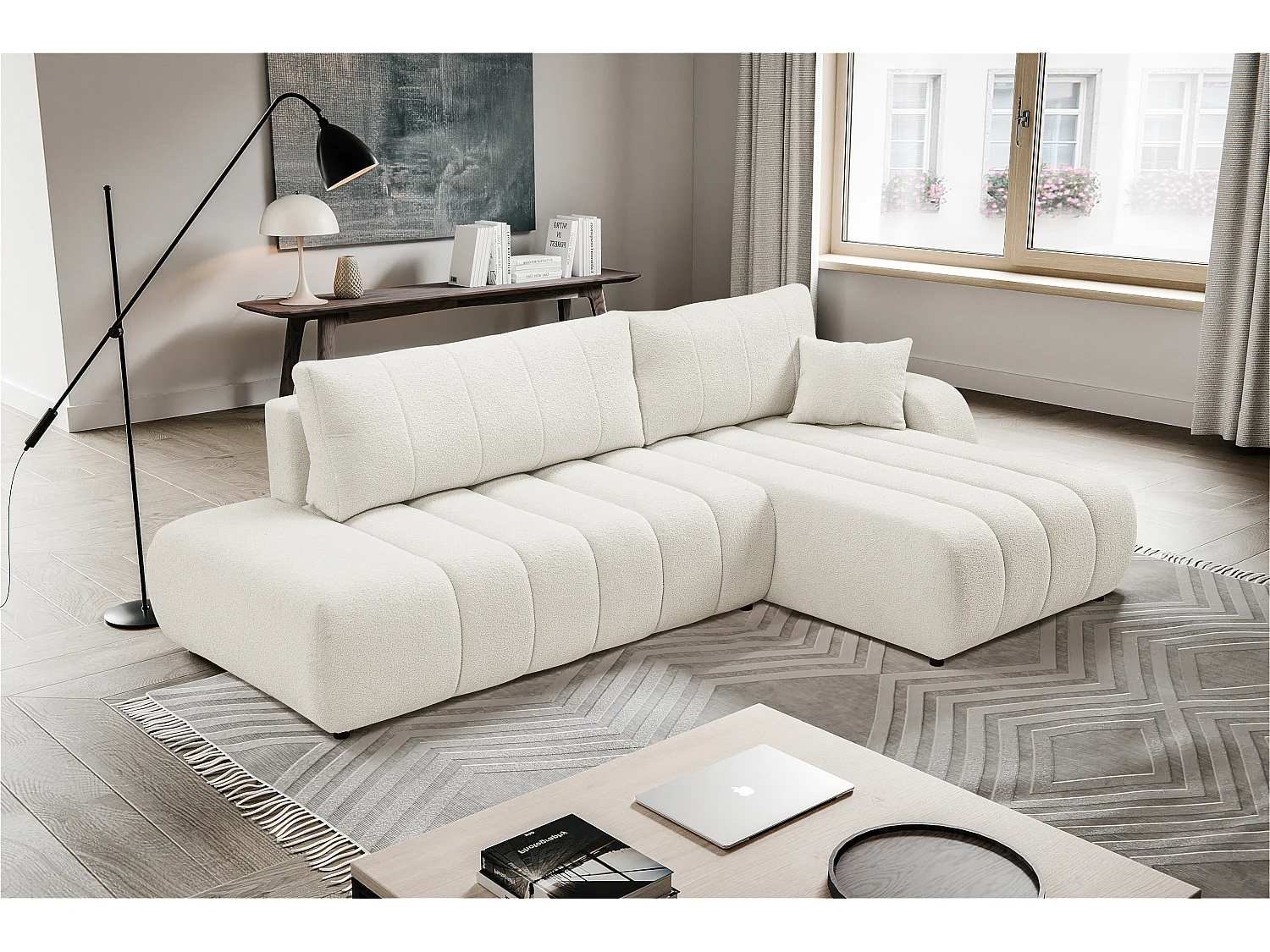 Canapé avec fonction lit et coffre de rangement, rembourrage confortable, tissu, coussins décoratifs, côté droit, 276x88x176 cm, blanc