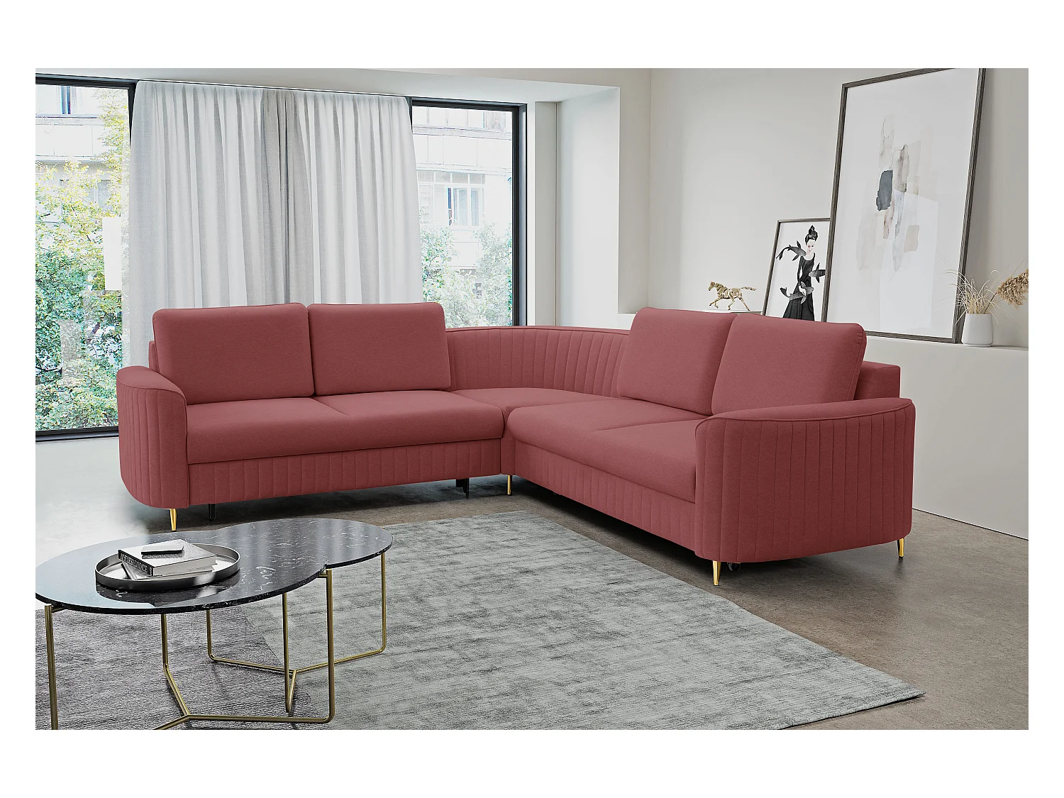 Canapé d'angle LAREN convertible, coffre de rangement, pieds en plastique, côté gauche, BORDEAUX, 251x251x85 cm