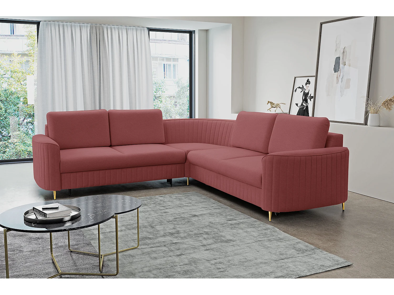 Narożnik LAREN nowoczesna sofa z funkcją spania, pojemnik na pościel, plastikowe nogi, lewa strona, BURGUND, 251x251x85 cm