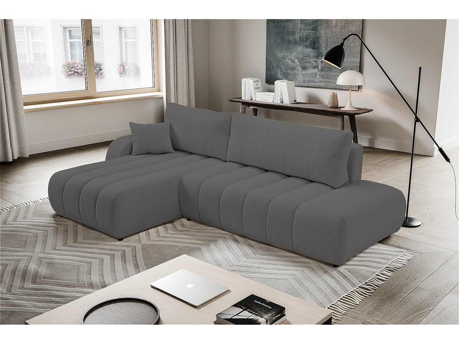 Canapé avec fonction lit et coffre de rangement, rembourrage confortable, tissu, coussins décoratifs, côté gauche, 276x88x176 cm, gris foncé