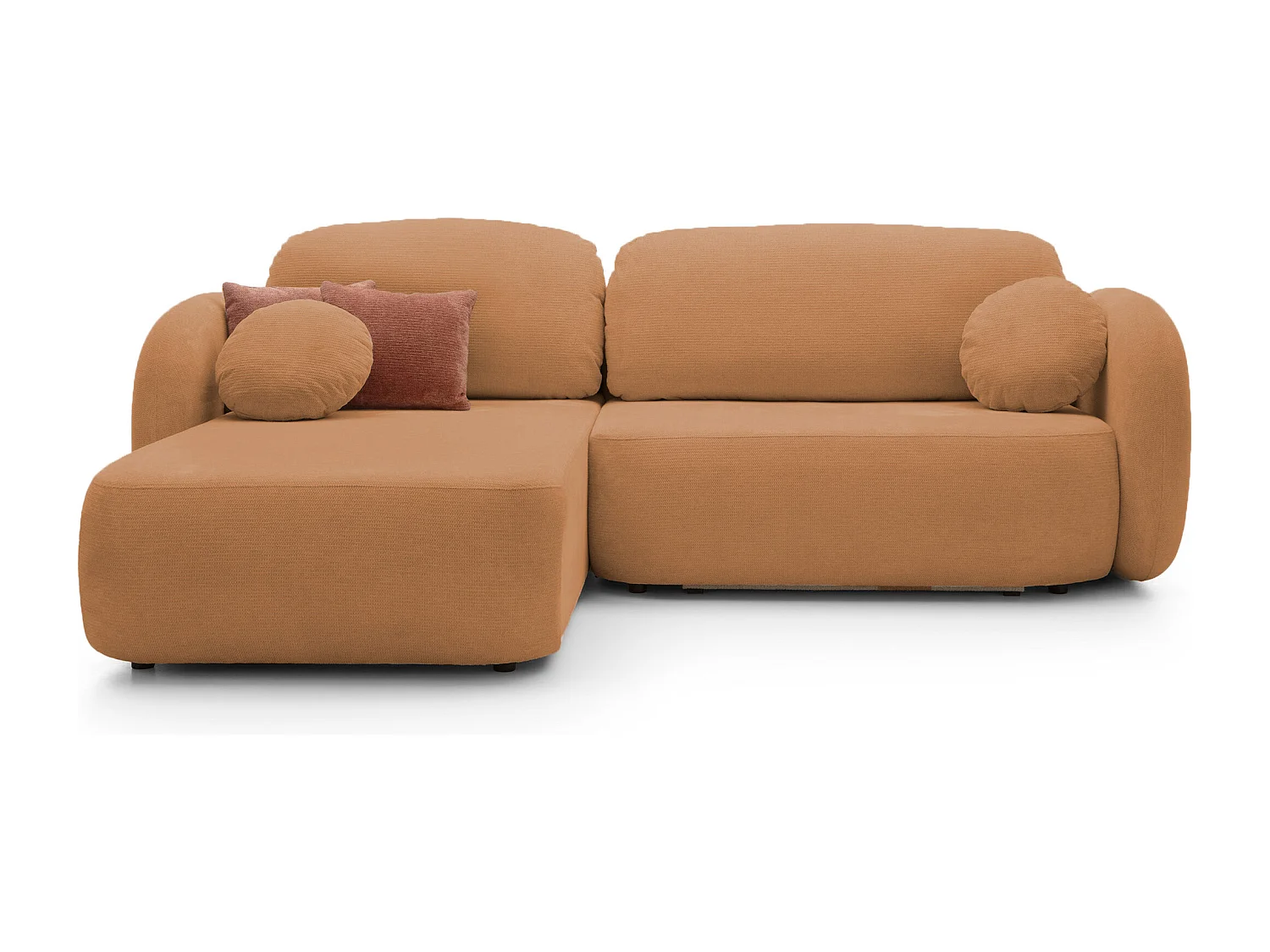 L-vormige hoekbank OLIO met slaapfunctie 138x210 cm, opbergbox en losse rugkussens – comfortabele slaapbank, links, 248x174x86 cm, DONKER ORANJE