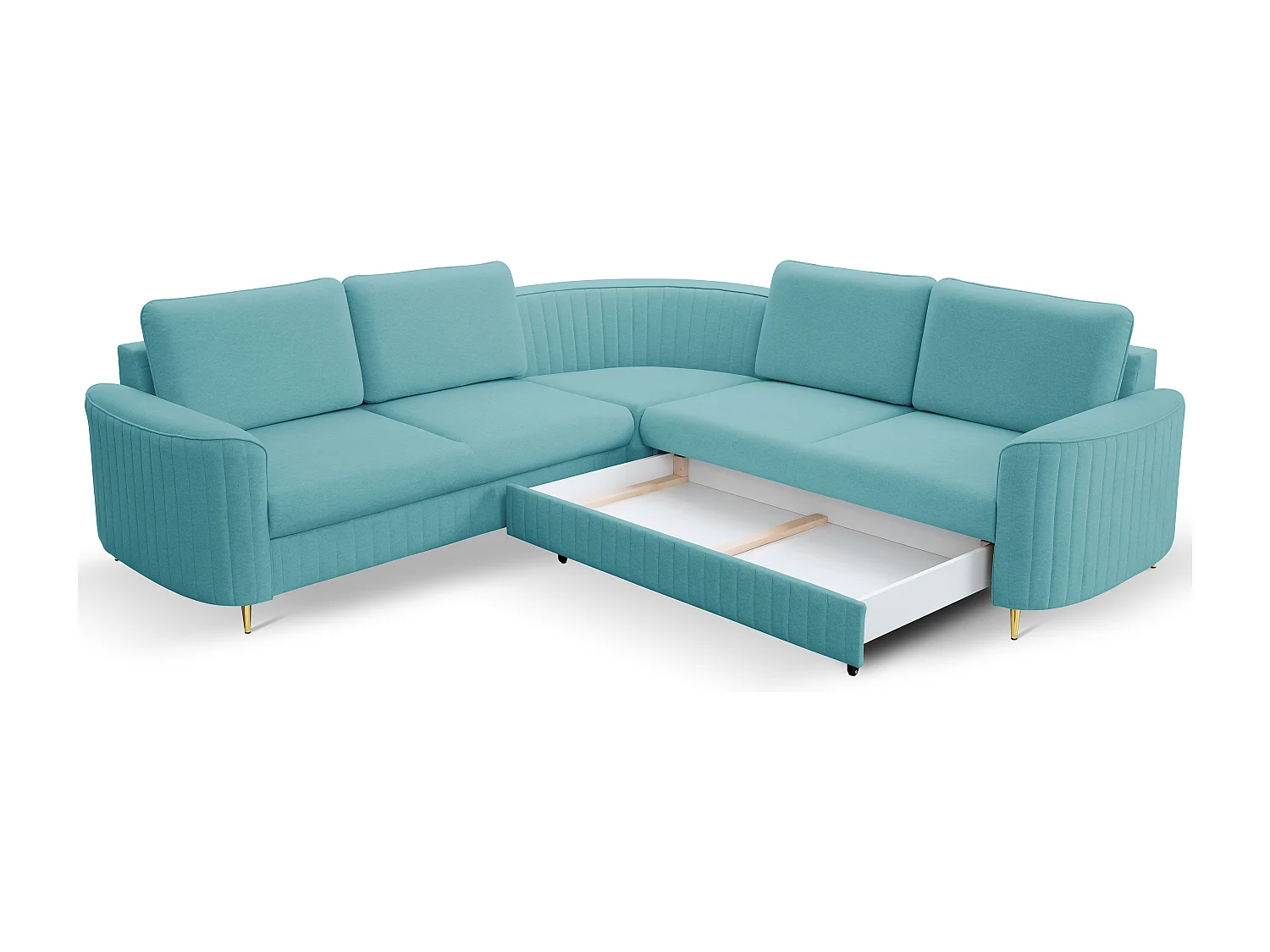 Narożnik LAREN nowoczesna sofa z funkcją spania, pojemnik na pościel, plastikowe nogi, prawa strona, TURKUSOWY, 251x251x85 cm