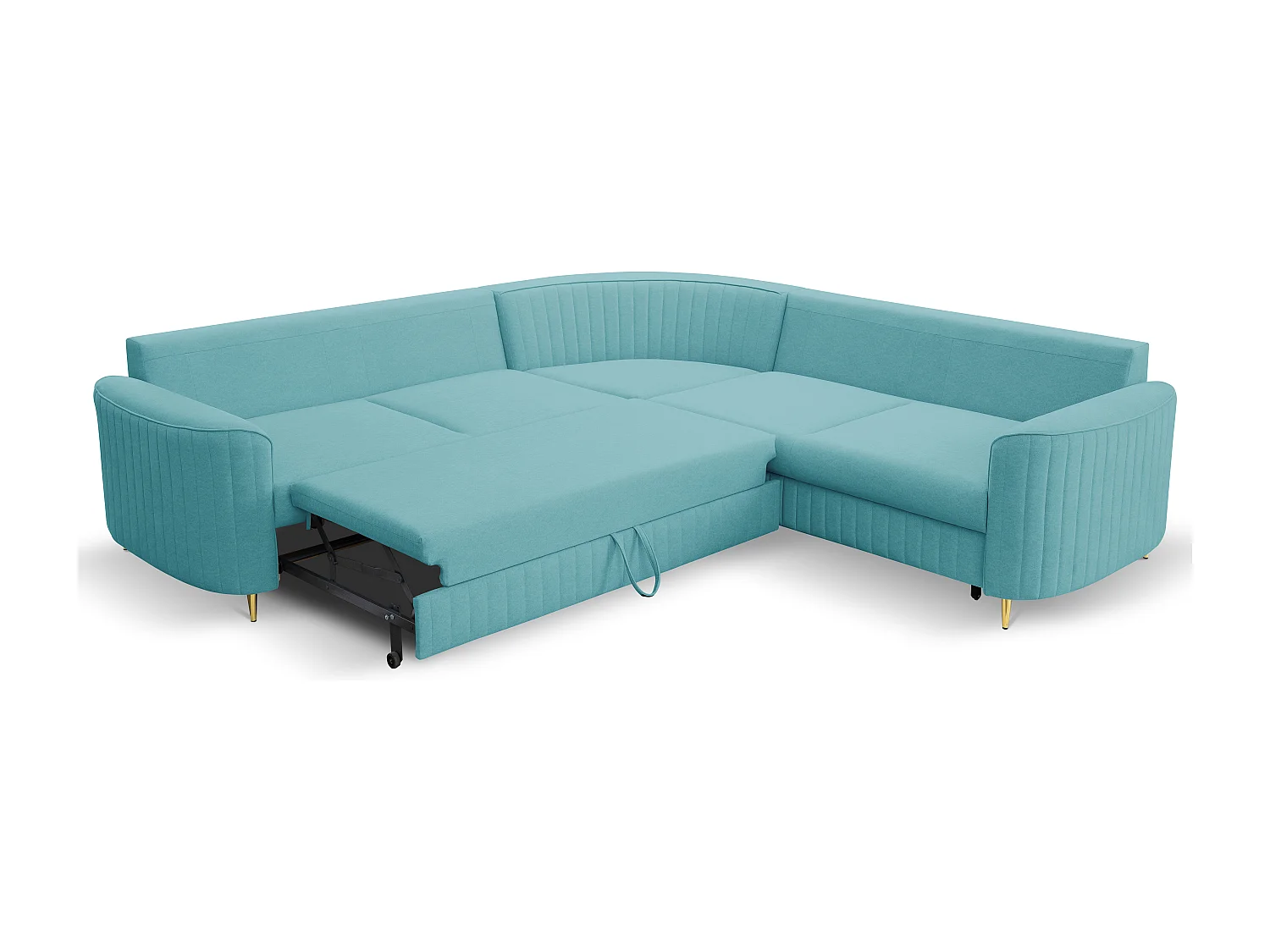 Narożnik LAREN nowoczesna sofa z funkcją spania, pojemnik na pościel, plastikowe nogi, prawa strona, TURKUSOWY, 251x251x85 cm