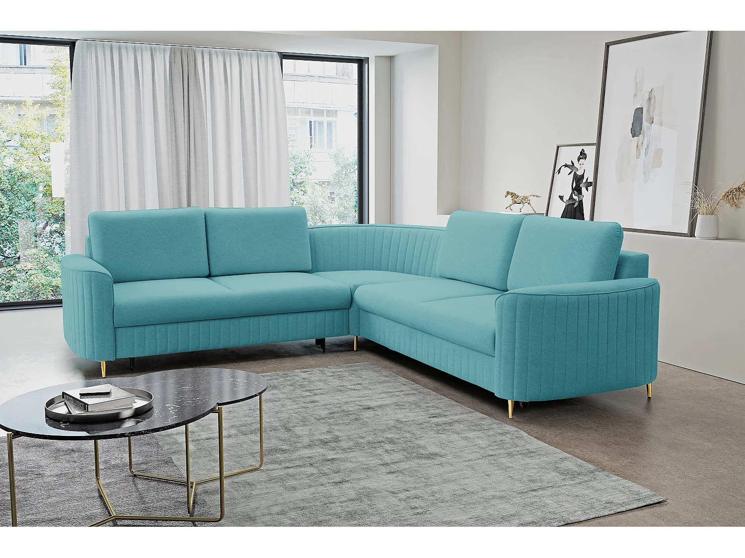 Canapé d'angle LAREN convertible, coffre de rangement, pieds en plastique, côté droit, TURQUOISE, 251x251x85 cm