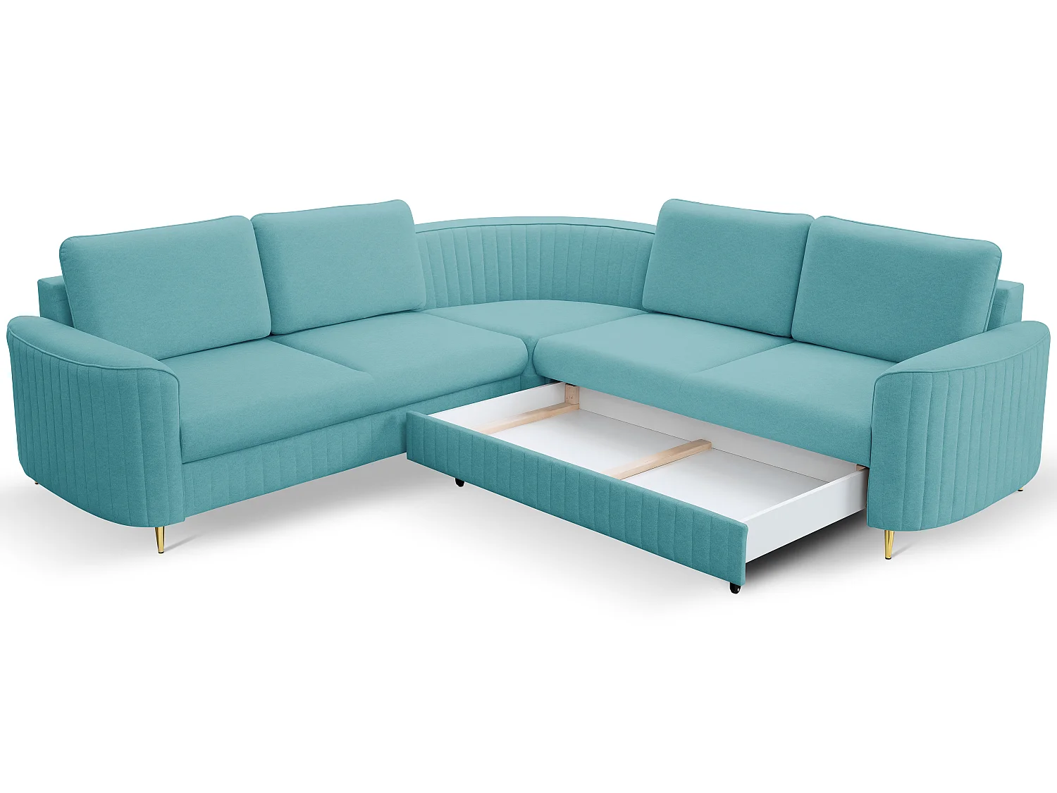 Canapé d'angle LAREN convertible, coffre de rangement, pieds en plastique, côté droit, TURQUOISE, 251x251x85 cm