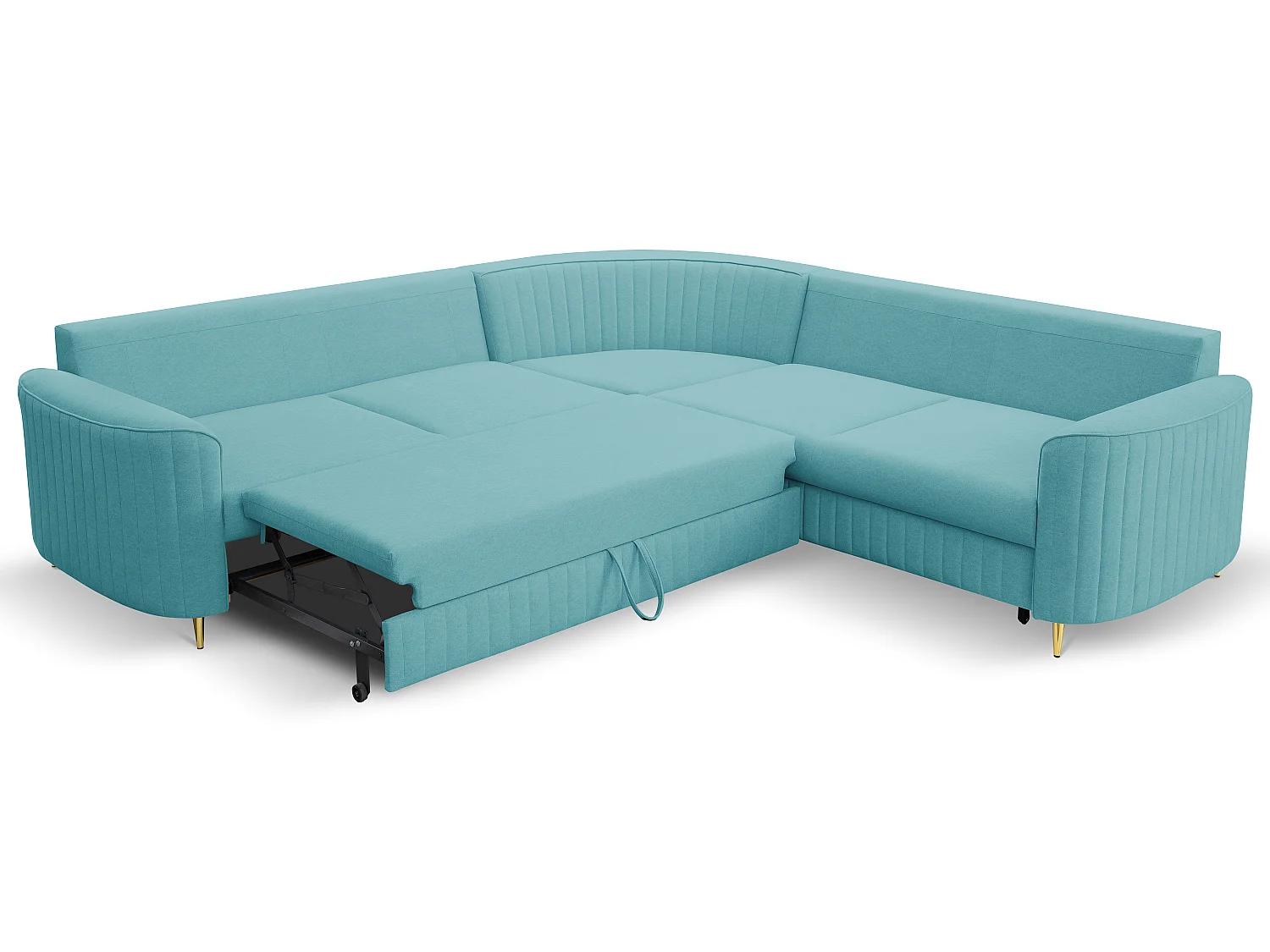 Canapé d'angle LAREN convertible, coffre de rangement, pieds en plastique, côté droit, TURQUOISE, 251x251x85 cm