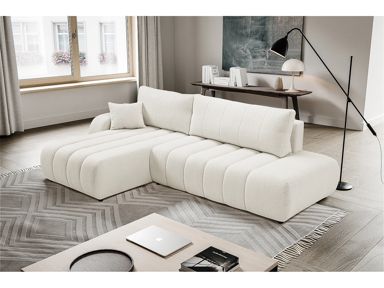 Canapé avec fonction lit et coffre de rangement, rembourrage confortable, tissu, coussins décoratifs, côté gauche, 276x88x176 cm, blanc
