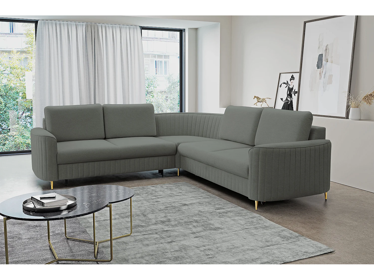 Ecksofa LAREN, modernes Schlafsofa mit Stauraum, Plastikfüße, linke Seite, DUNKELGRAU, 251x251x85 cm