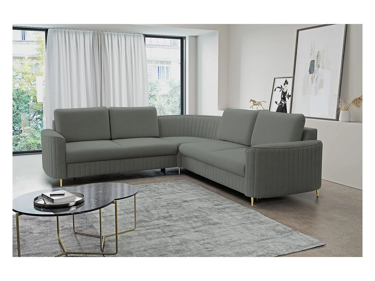 Canapé d'angle LAREN convertible, coffre de rangement, pieds en plastique, côté gauche, GRIS FONCÉ, 251x251x85 cm