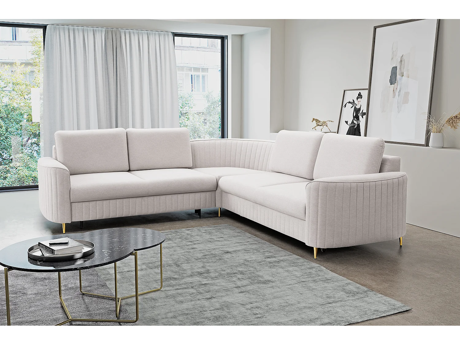 Canapé d'angle LAREN convertible, coffre de rangement, pieds en plastique, côté droit, ECRU, 251x251x85 cm