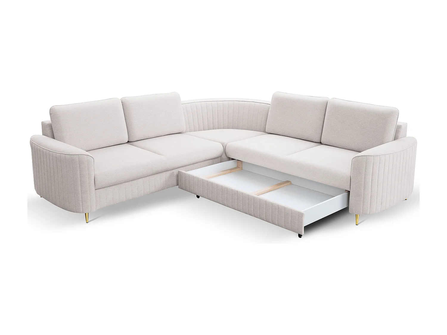 Canapé d'angle LAREN convertible, coffre de rangement, pieds en plastique, côté droit, ECRU, 251x251x85 cm