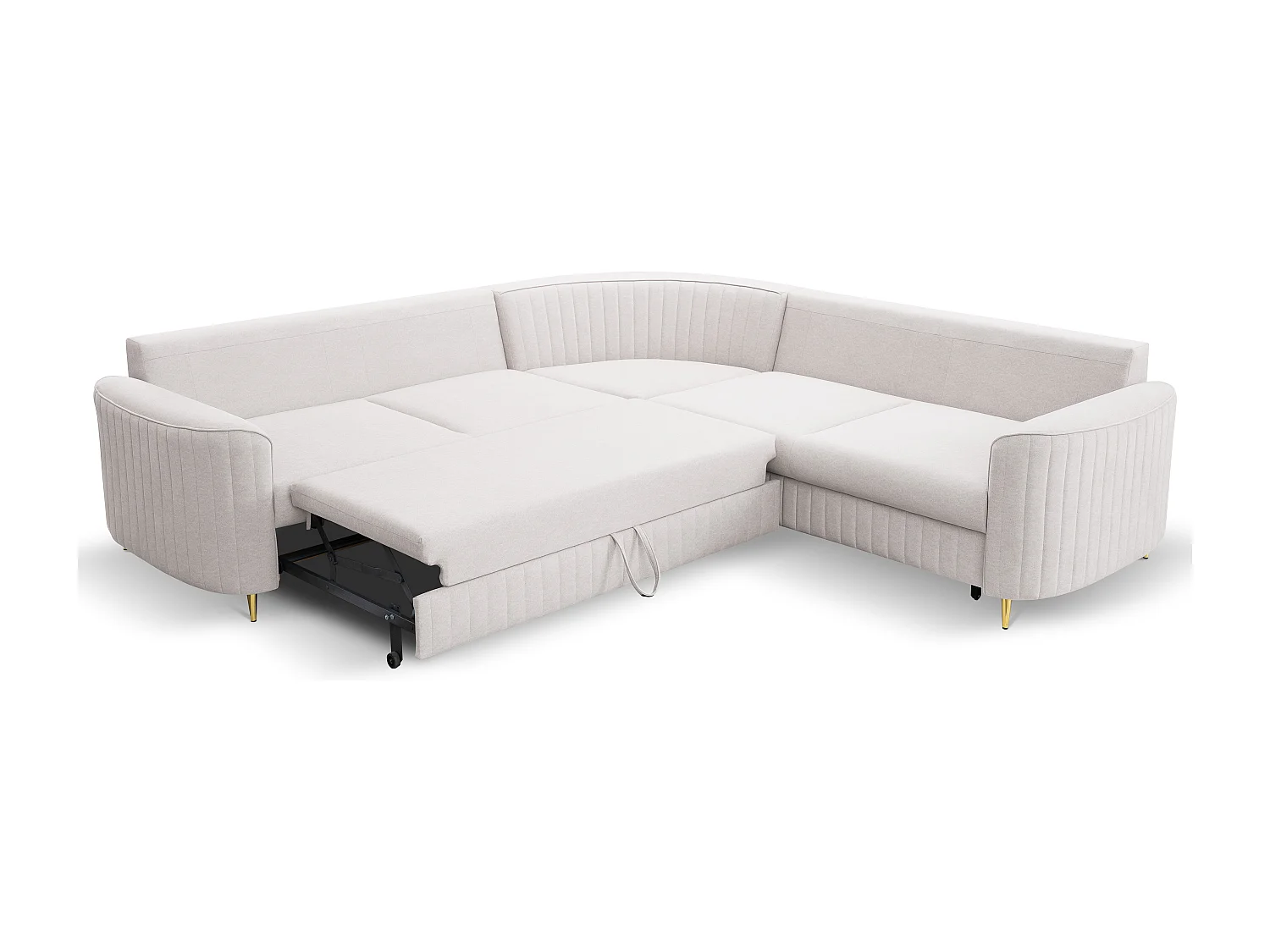 Canapé d'angle LAREN convertible, coffre de rangement, pieds en plastique, côté droit, ECRU, 251x251x85 cm