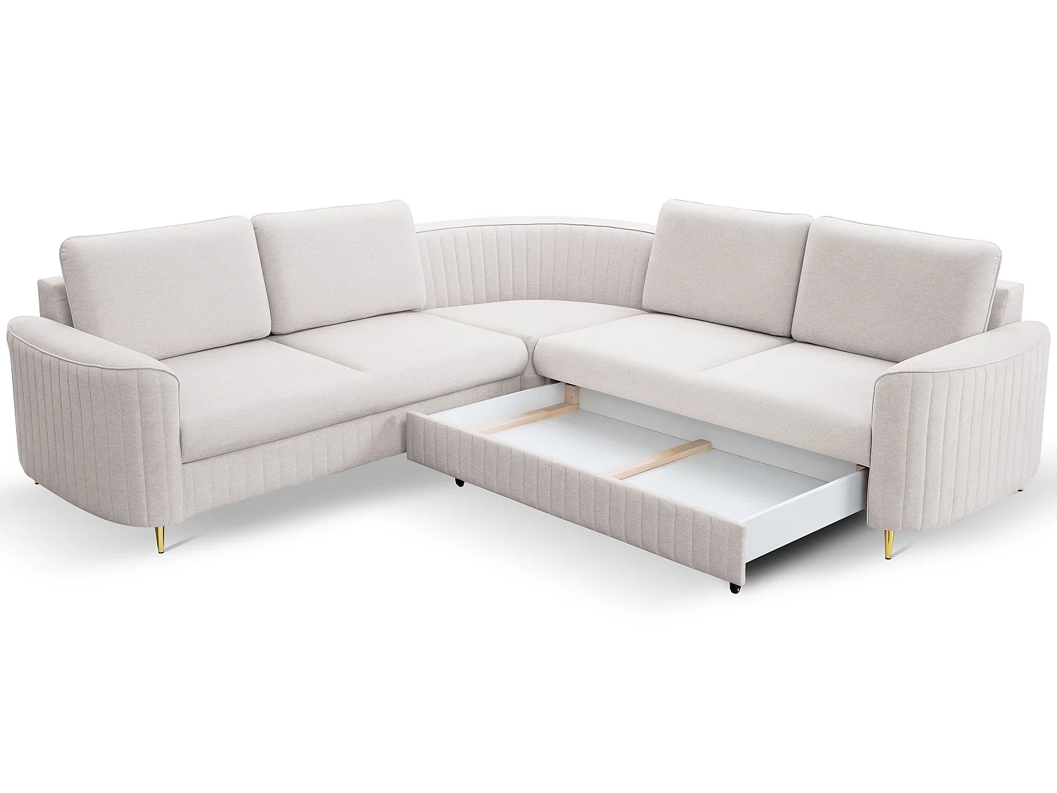 Narożnik LAREN nowoczesna sofa z funkcją spania, pojemnik na pościel, plastikowe nogi, prawa strona, ECRU, 251x251x85 cm