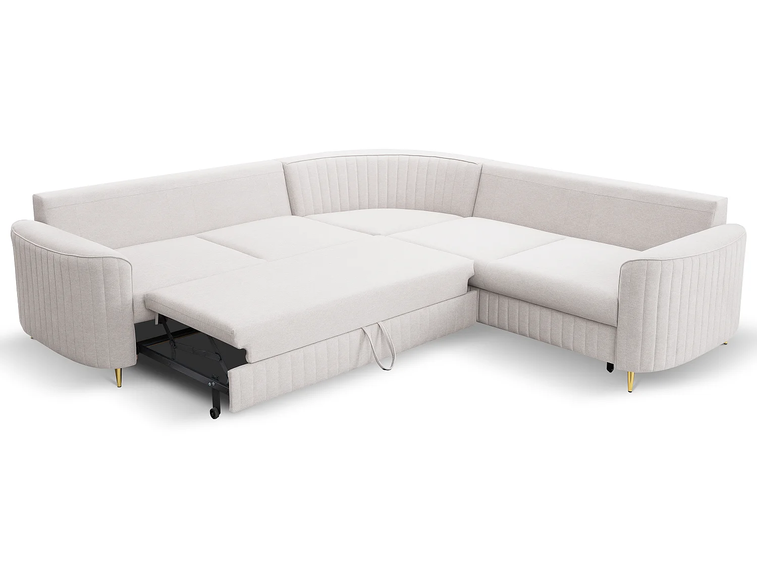 Narożnik LAREN nowoczesna sofa z funkcją spania, pojemnik na pościel, plastikowe nogi, prawa strona, ECRU, 251x251x85 cm